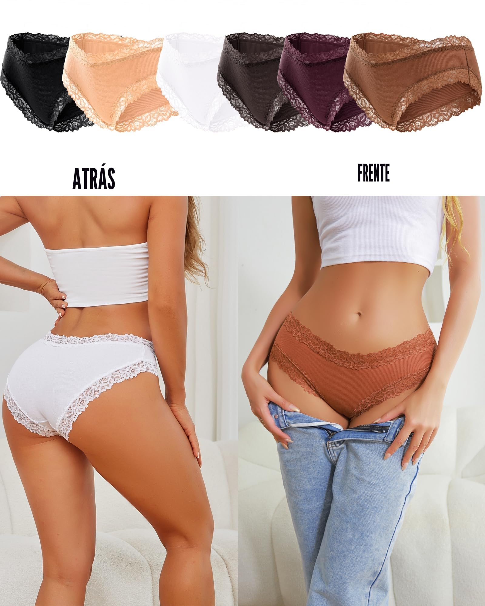 Pack de 6 Braguitas de algodón con Encaje para Mujer