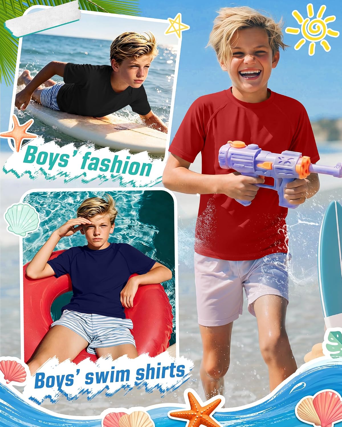3 Pack Boys' Rash Guard Swim Shirts