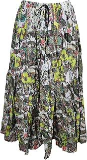 Mogul Interior Womens Festive Skirt Green Printed Flare Crinkle Boho Maxi Skirts