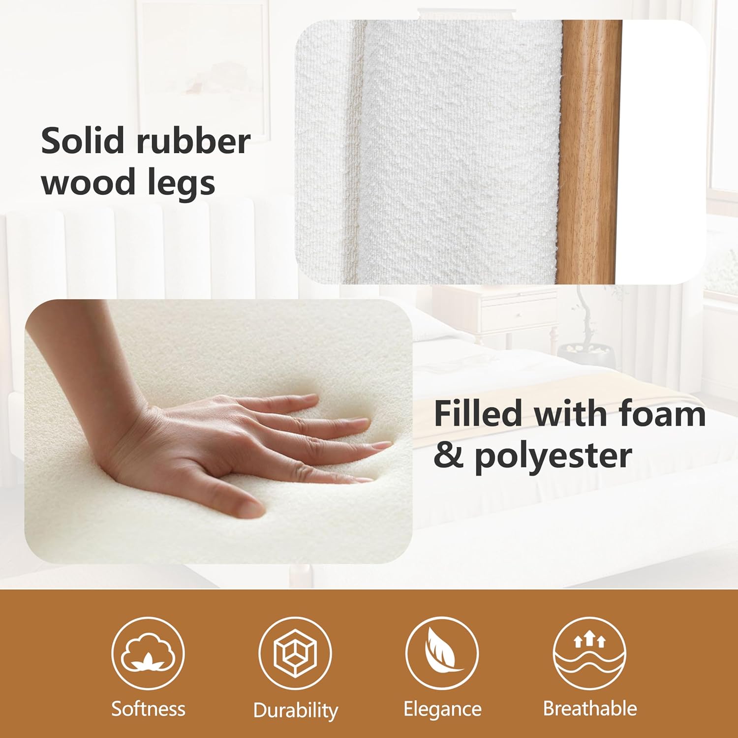 SOFTSEA Queen Size Bed Frame with Boucle Upholstered Thick Headboard, Platform Bed with Solid Wooden Legs, for Boys Girls Bedroom, No Box Spring Needed, White