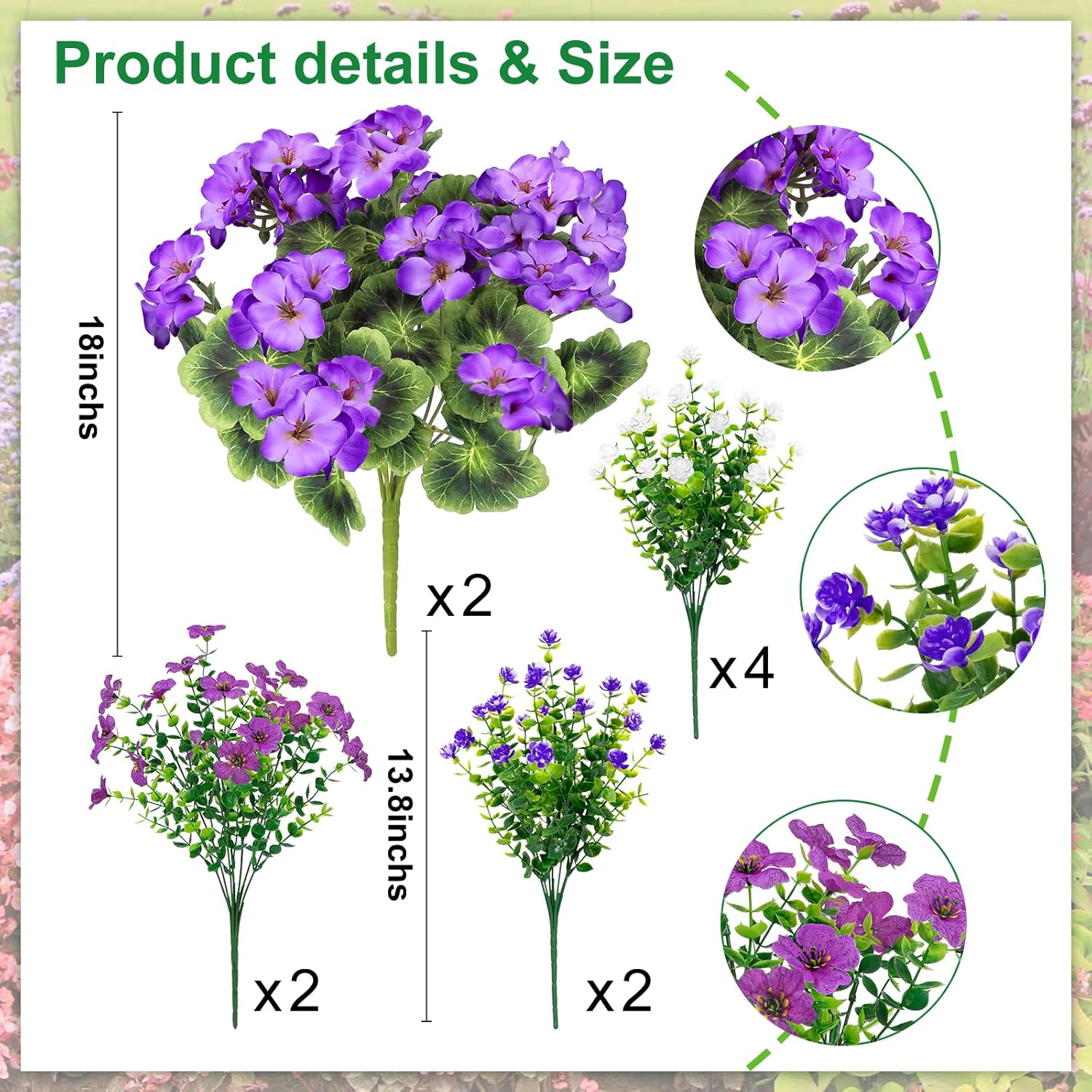 Ouddy Decor 18'' Artificial Geraniums Flowers for Outdoors, 10 Bundles Mixed Fake Silk Flowers Plastic Plants UV Resistant for Summer Garden Porch Patio Planter Kitchen Table Home Decor, Purple