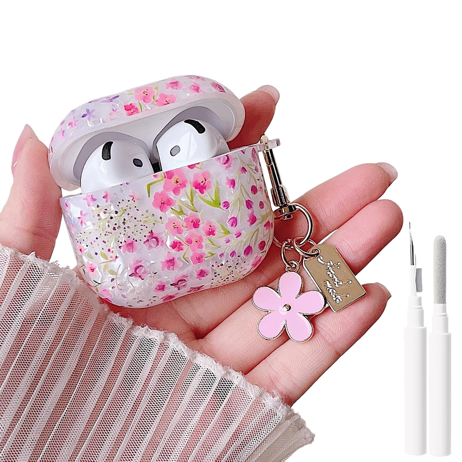 MINSCOSE for Cute Glitter AirPods 4 Clear Case,Shell Pattern Cartoon Flower Aesthetic Design with Floral Keychain,Soft TPU Protective Cover with Cleaner Kit for AirPods 4-Pink