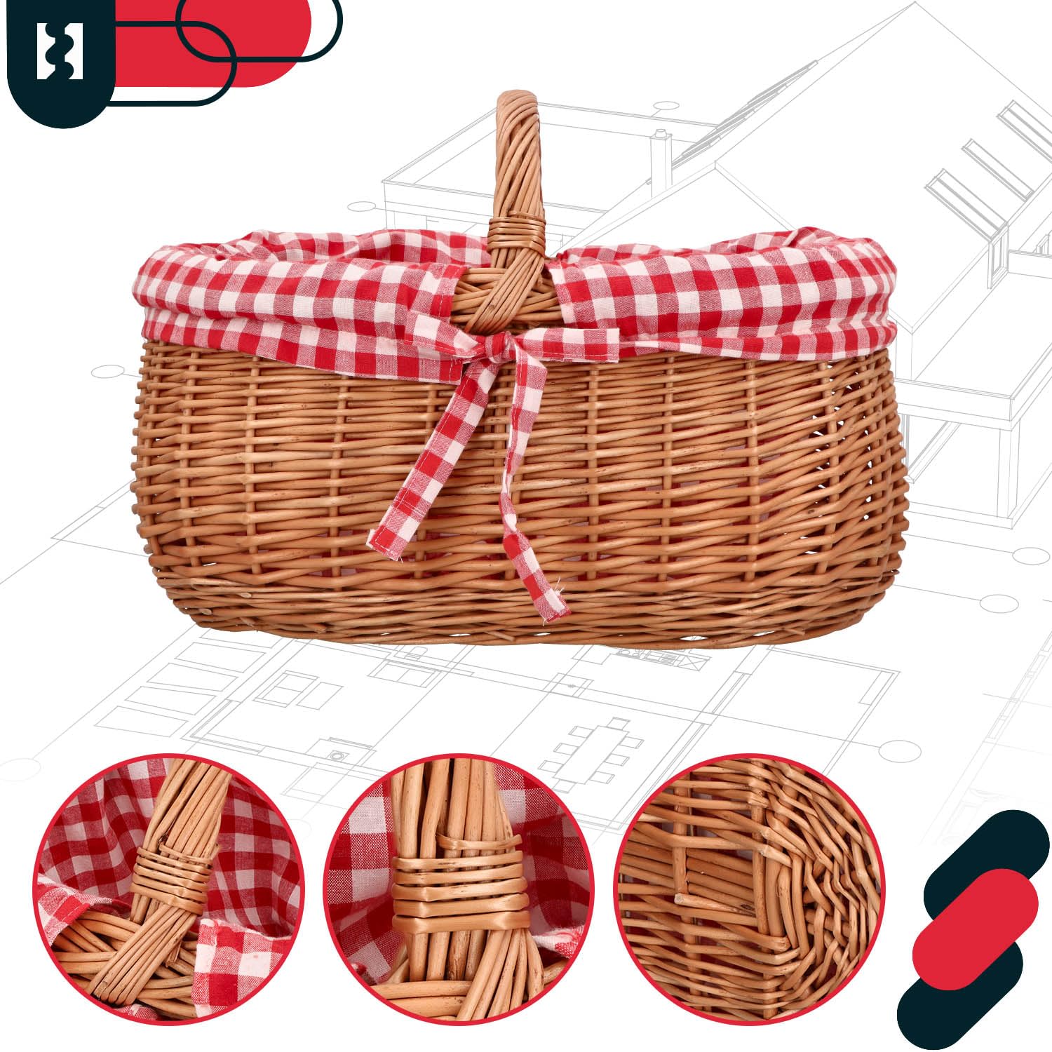 KOTARBAU® Cesta de Mimbre - con Asa - 46 x 32 x 43 cm - Marrón - Cesta Setas - Compra Picnic - con Forro de Tela a Cuadros Rojos - Decorativa - Ligera