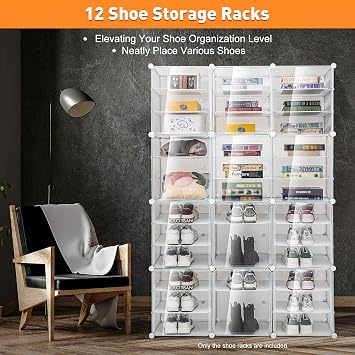 Shoe Rack Organizer, 12-Tiers Portable Shoe Rack Organizer with Door 96 Pairs Stackable Shoe Storage Cabinet Stand, Transparent Plastic Storage Boxes for Heels, Boots, Slippers