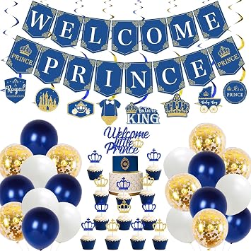 Royal Prince Baby Shower Decorations for Boy - Welcome Prince Banner Hanging swirls Navy Blue and Gold Glitter Cupcake Toppers Crown Foil Balloons Prince Baby Shower Birthday Party Supplies