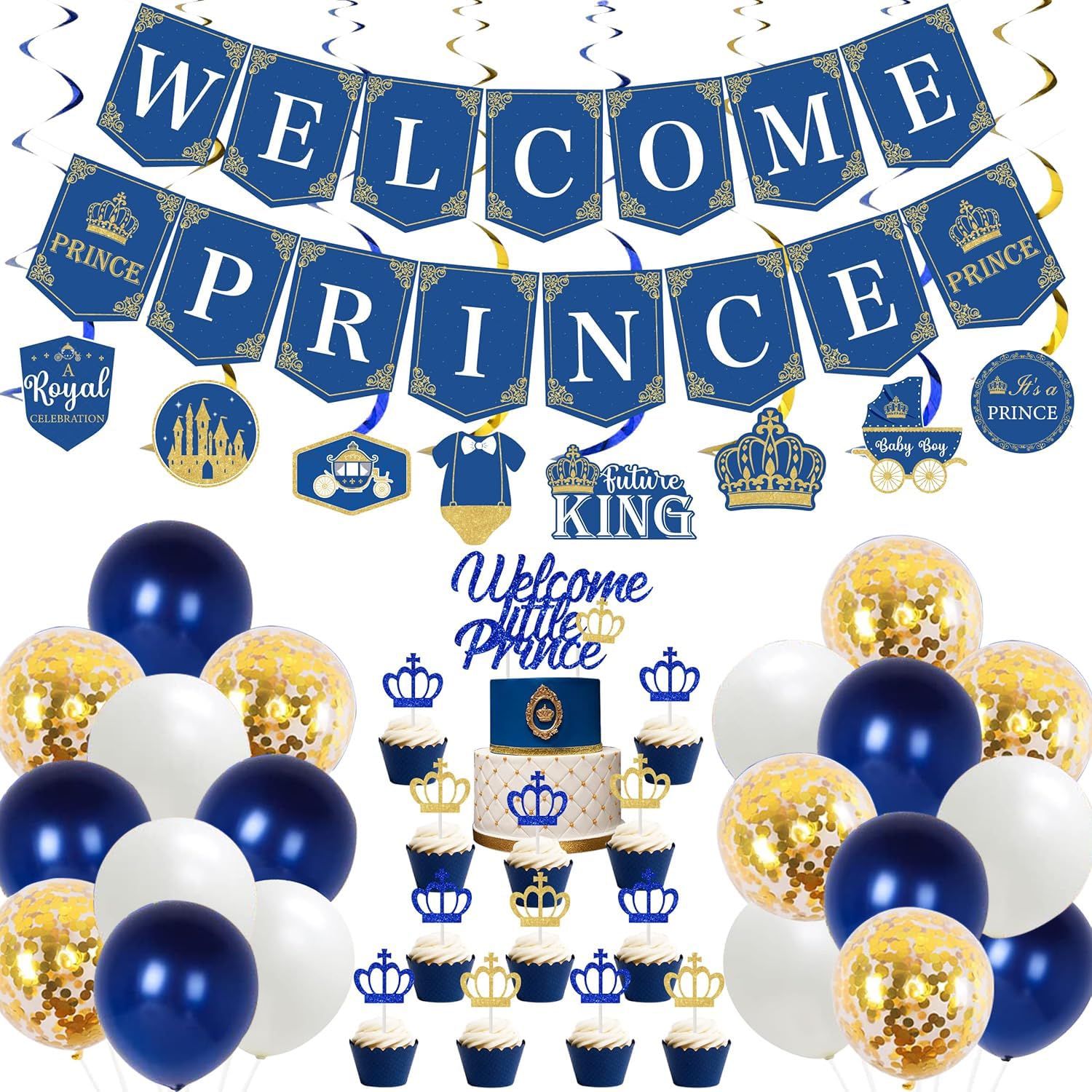 JOYMEMO Royal Prince Baby Shower Decorations for Boy - Welcome Prince Banner Hanging swirls Navy Blue and Gold Glitter Cupcake Toppers Crown Foil