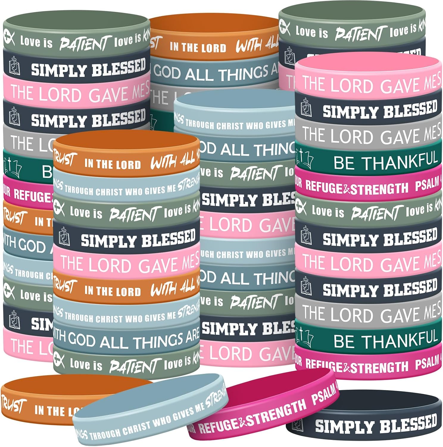 Syhood 200 Pcs Religious Silicone Bracelets Bulk Christian Scripture Rubber Bible Verse Bracelets Inspirational Spiritual Wristbands for Men Women Party Gifts(Light Color)
