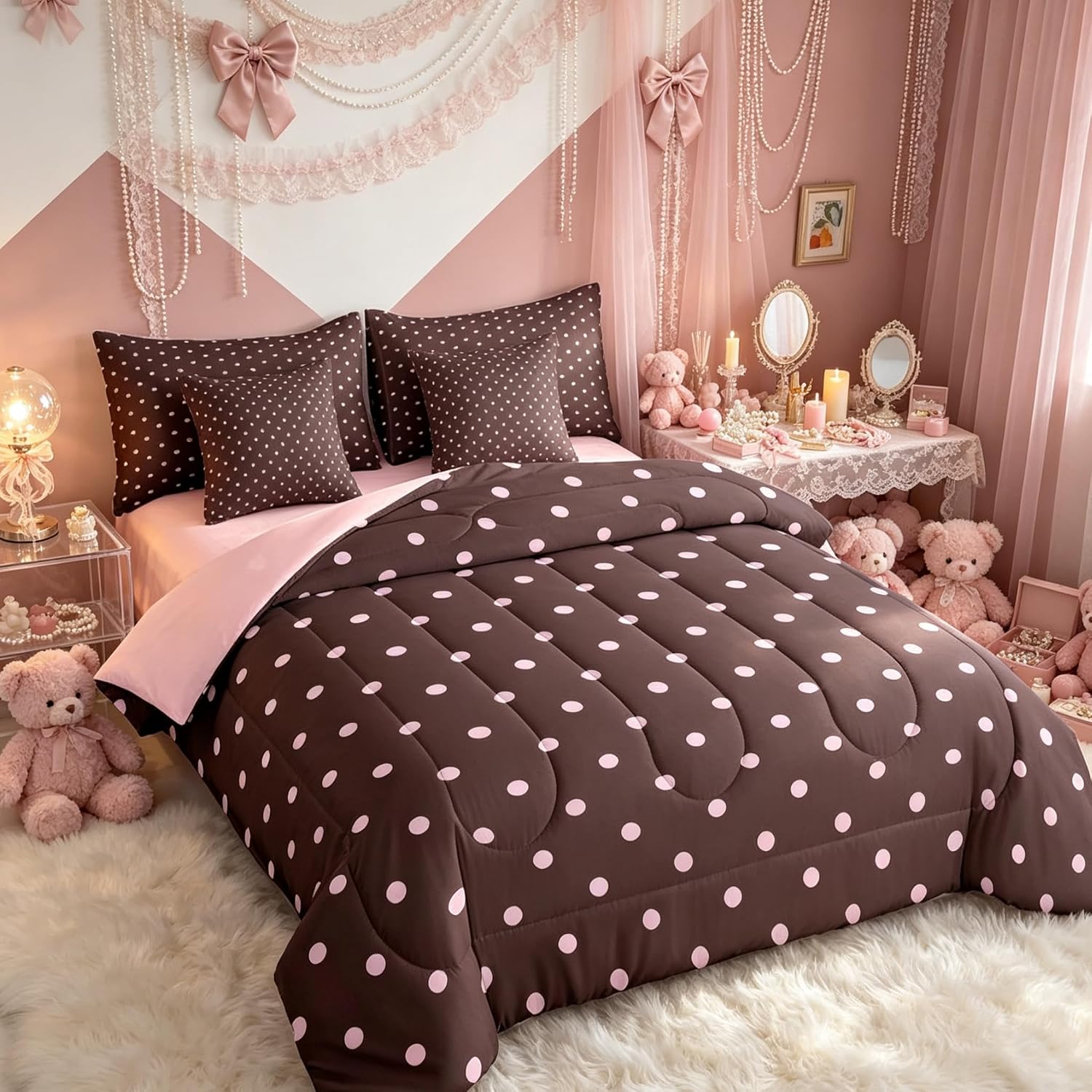 Erosebridal Girly Polka Dots Brown Pink Kids Full Comforter Set 7 Pieces | Kawaii Aesthetic Bed in A Bag for Bedroom Geometric Cute Bedding Set with Comforters Boho Brush Stroke Room Decor