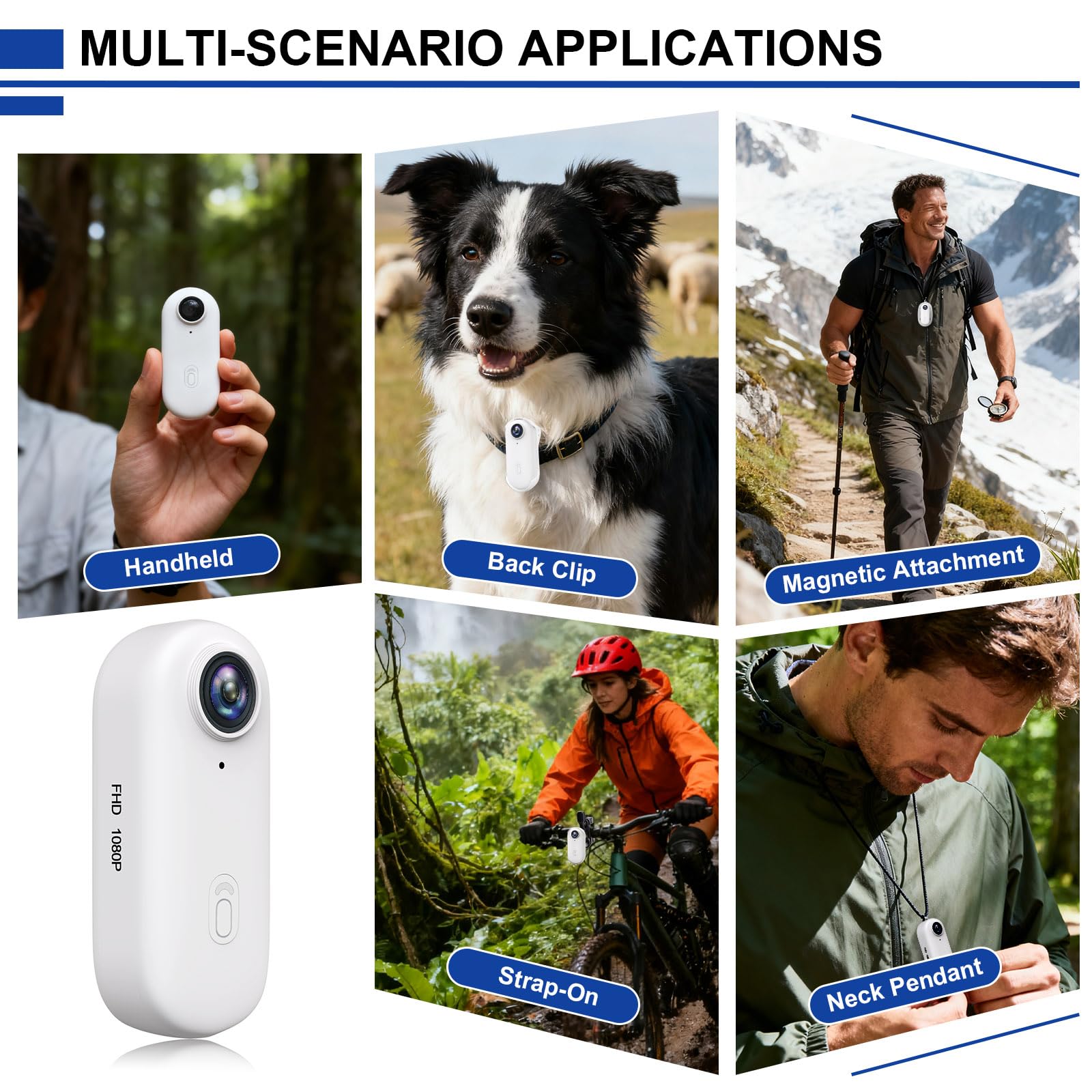 Caméra de sport 1080p HD portable mains libres POV avec boîtier étanche et support magnétique mains libres Mini caméras corporelles pour vlogging moto, cyclisme, voyage, pêche, promenade d'animaux