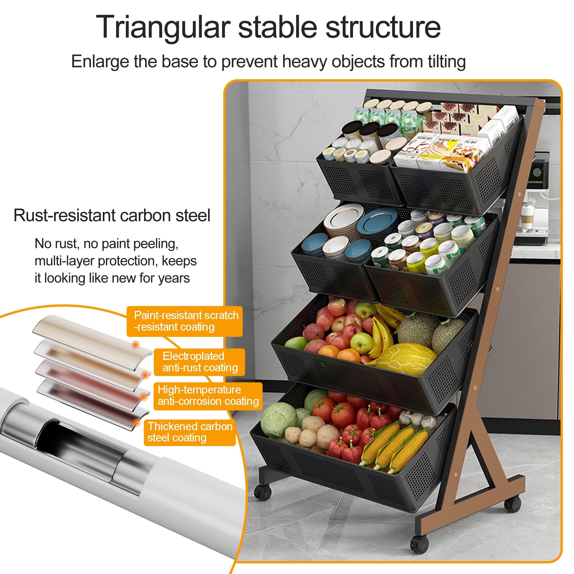 Estante Expositor de Dulces y Snacks de 3/4 Niveles, de pie, para Cocina, Organizador Angular para Patatas Fritas, Frutas, supermercado y despensa (Negro, 4 Niveles - 119 cm)