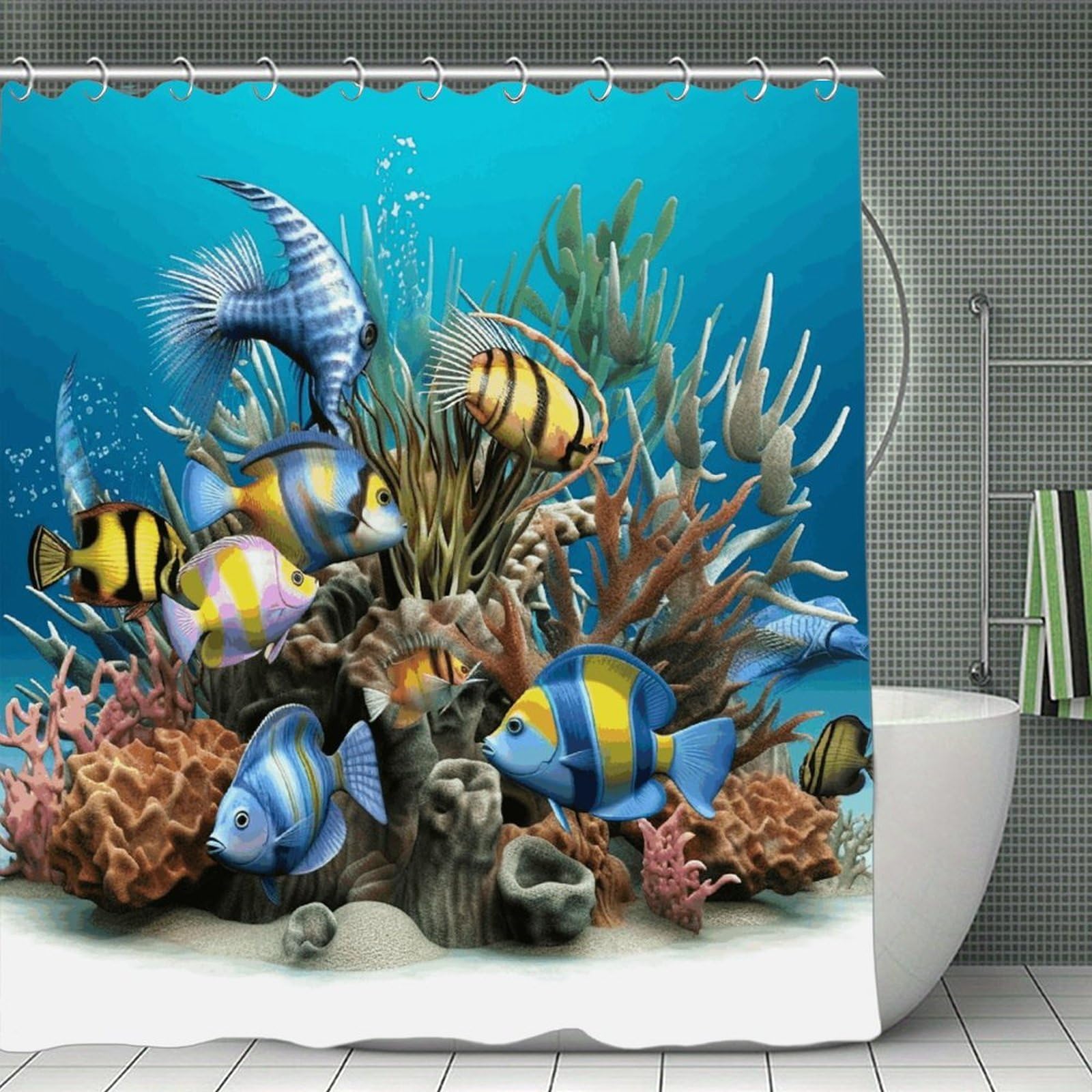 QMNLKH 3D Ocean Fish Shower Curtain with Hooks, Waterproof Bath Curtains for Bathroom, Lightweight Bath Curtains Liner for Hotel, Personalized Bath Curtain for Spa, 70.8 Inch
