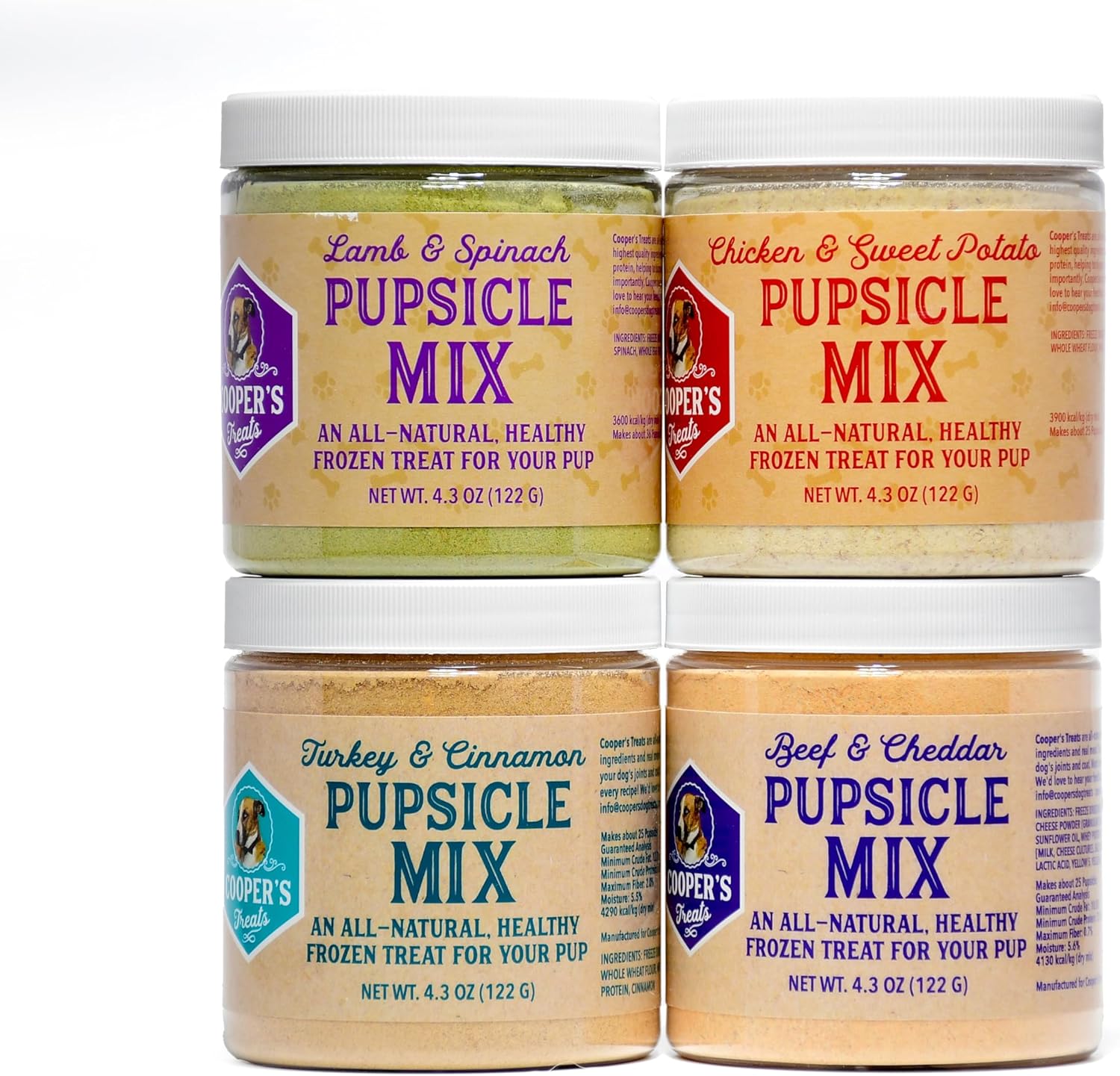 Cooper's Treats Pupsicle Mix Variety Pack - Four Jars of Frozen Dog Treat Mix (Beef and Cheddar, Chicken and Sweet Potato, Turkey and Cinnamon, Lamb and Spinach) - Dog Popsicle, Pup Ice Cream