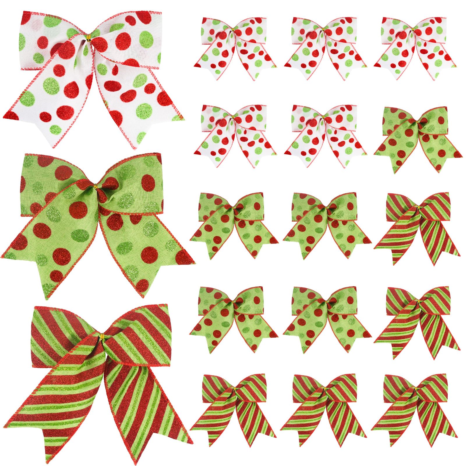 MACTING 18PCS Red Green Christmas Bows 6 Inch Large Christmas Tree Bows for Wreaths Garland Gift Wrapping Christmas Dot Bows Ribbon Ornaments for Holiday Party Crafts Xmas Decorations