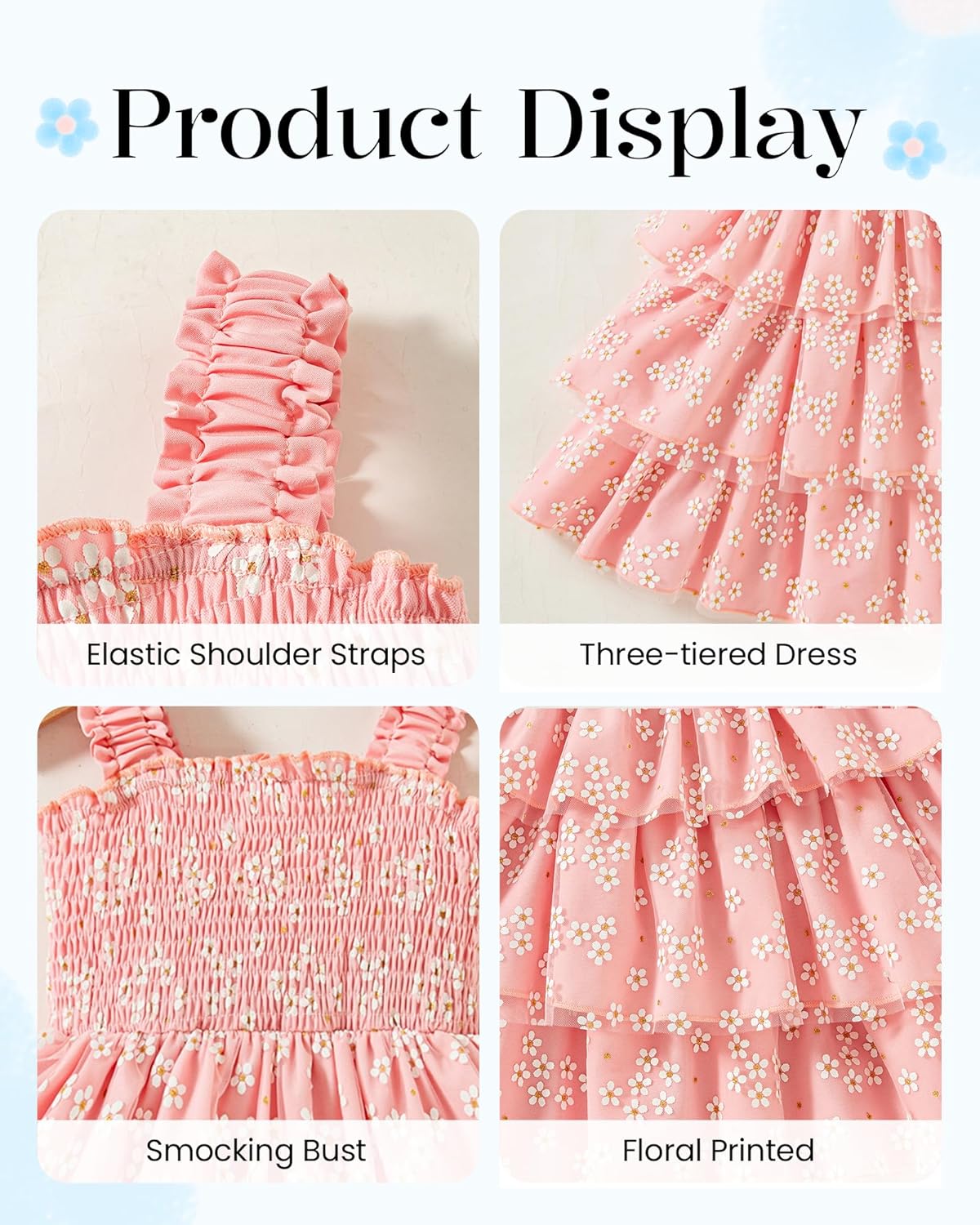 Toddler Girl Dress Summer Outfits Kids Ruffle Floral Smocked Straps Dresses Casual Sundress for Girls 2-8T - Image 5