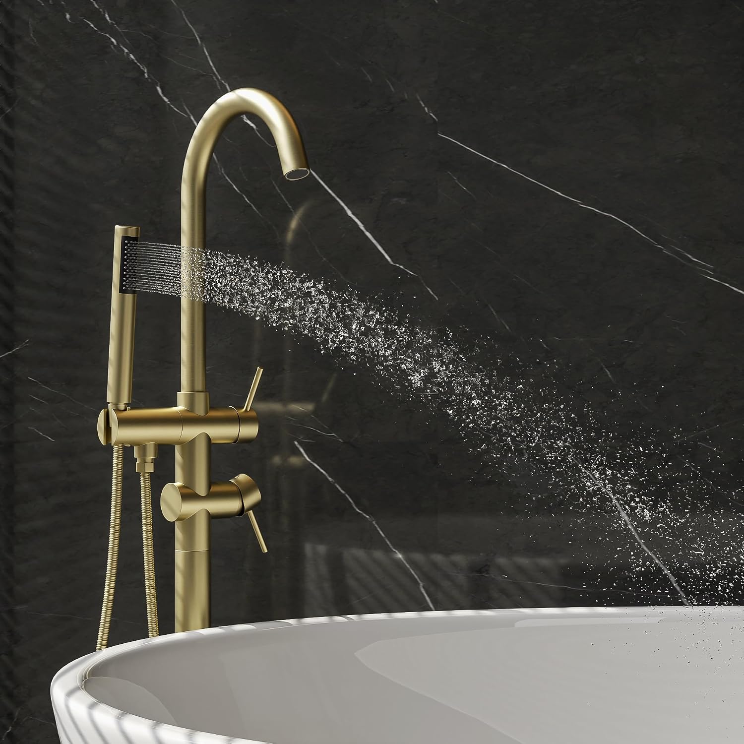 Freestanding Bathtub Faucet Filler Floor Mount Tub Filler with Single Handle, Modern Tub Faucet with Hand Shower and Swivel Spout, Brushed Nickel (Brushed Gold)