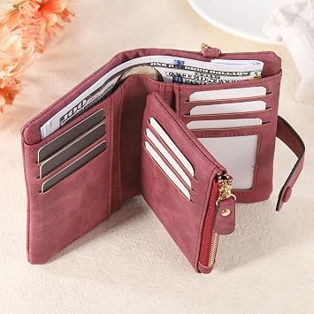 Personalized Small Purses for Women with Birth Flowers Customize Engraved Name Ladies Leather Wallet Coin Purse Birthday Gift for Mom Wife Girlfriend - Red