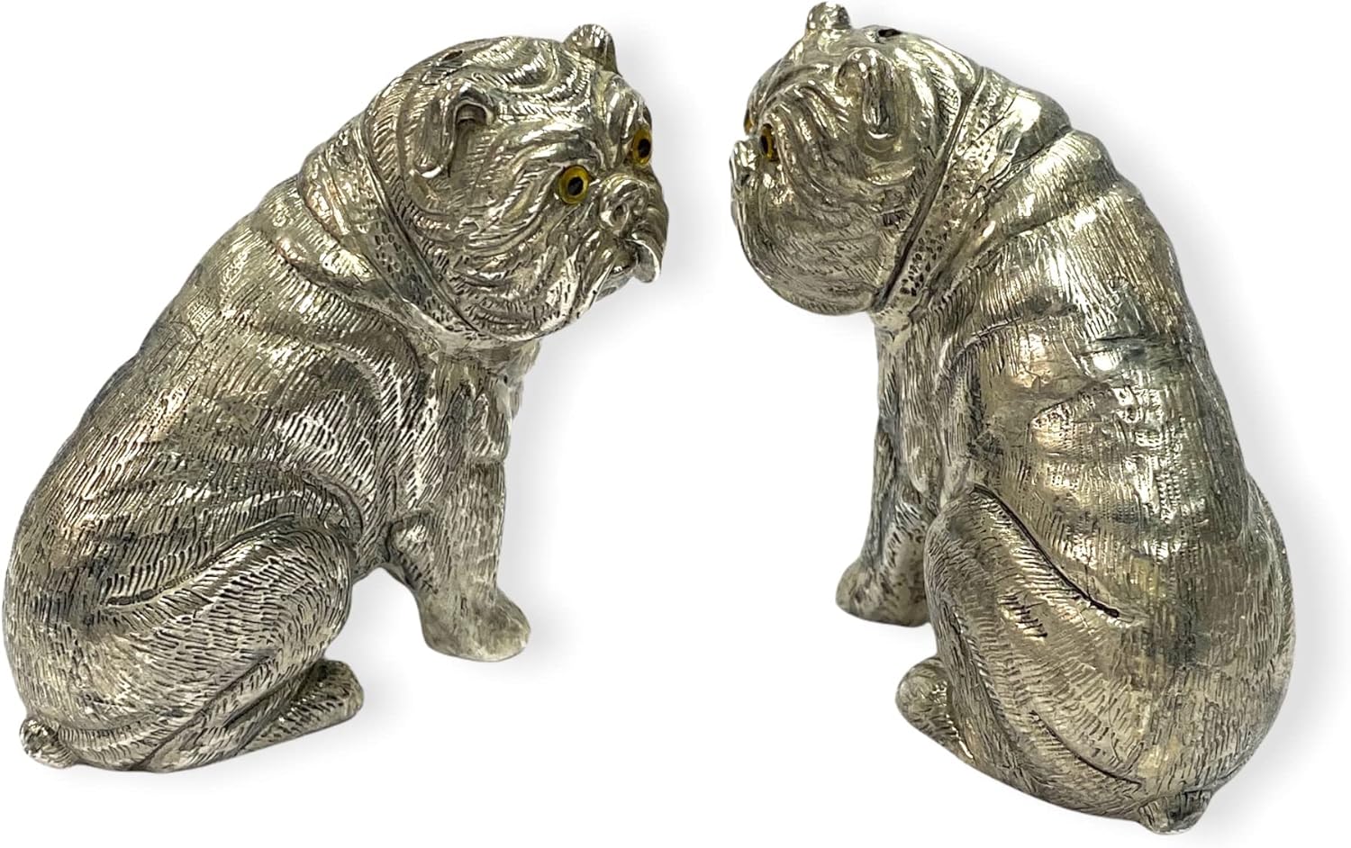 Novelty Style Bulldog Pair with Glass Eyes Salt and Pepper Shaker Pots 925 Silver Plated