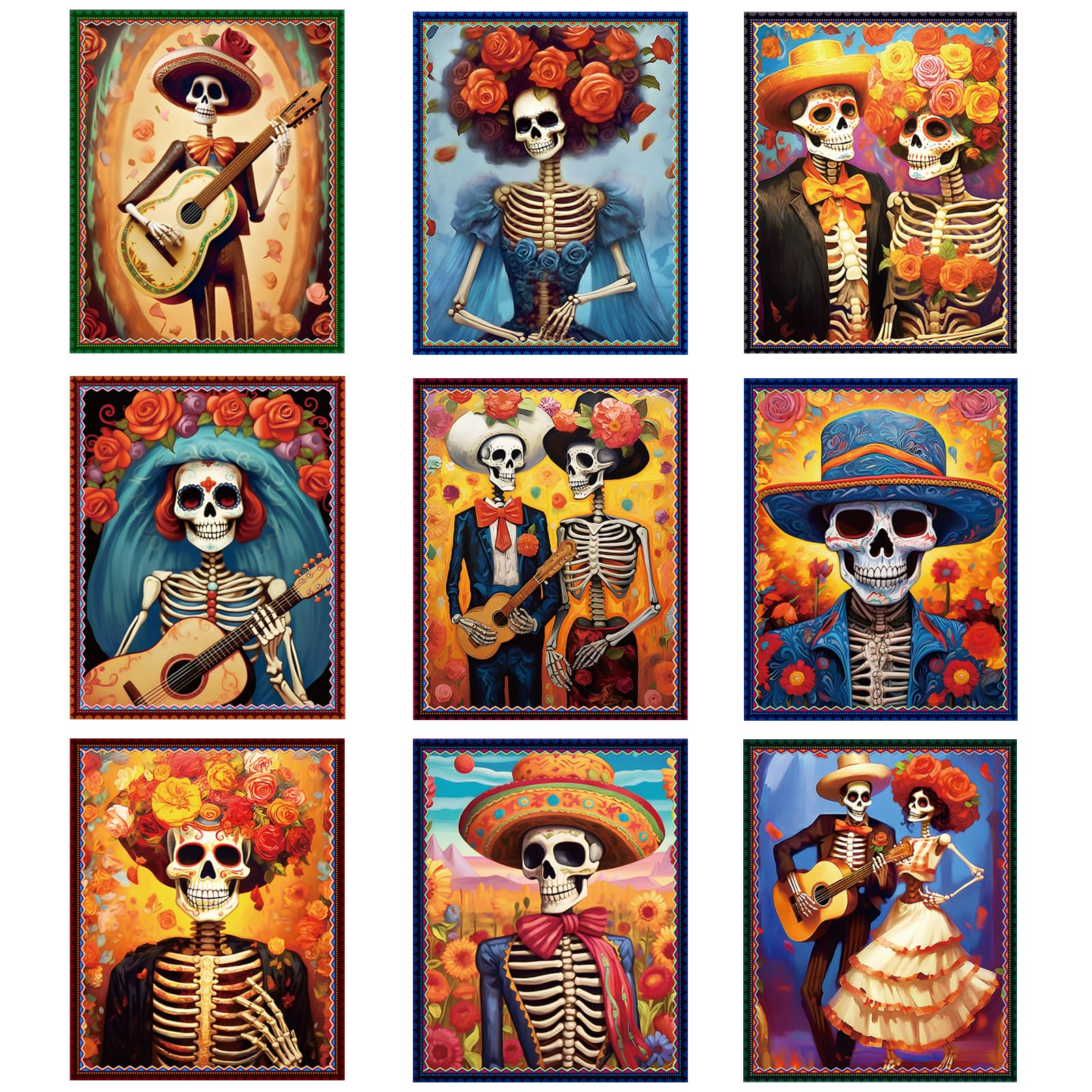 Adduster Day of The Dead Poster - 9 Piece Day of the Dead Decorations Sugar Skull Wall Art Sugar Skull Art Print for Mexico Day Day of the Dead Halloween Wall Decor Living Room Decor