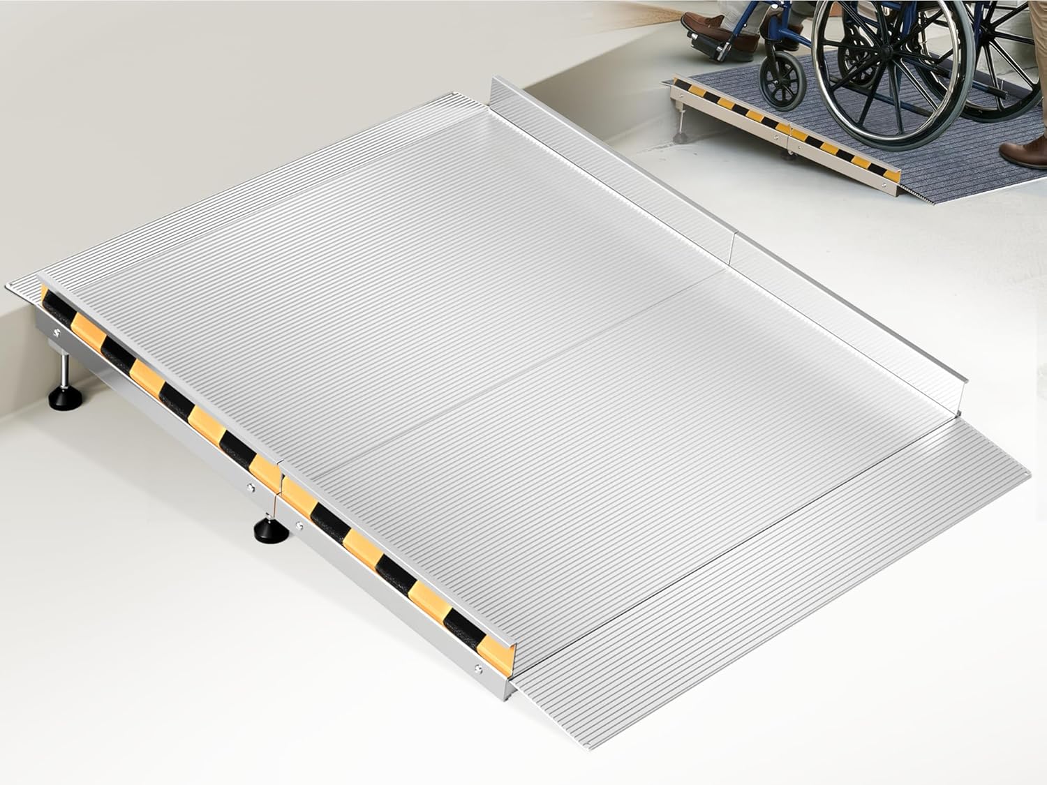 Aluminum Threshold Ramp for Doorways, 48" × 36" Wheelchair Ramp for Home, Adjustable for 3.3"–9.2" Step & Threshold Heights, 1000 lb Capacity, Non-Slip Surface, Foldable, for Single Step Entryways