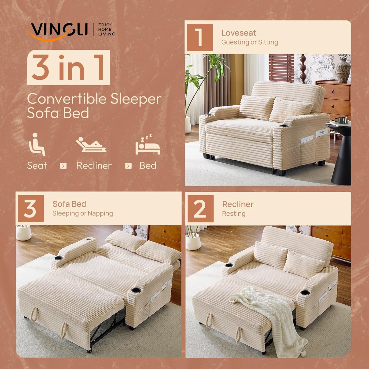 VINGLI Beige Futon Sofa Bed Convertible Loveseat Sleeper Sofa Couch, Corduroy Pullout Sofa Fold Out Couch Bed with USB Ports, Cup Holders, Armrest for Living Room, Bedroom Apartment Room | Loveseat Sleeper