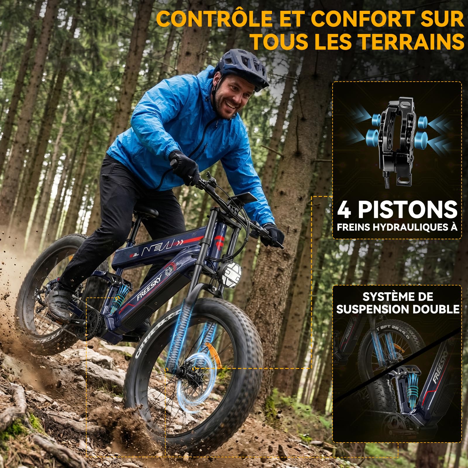 FREESKY Alaska Pro Vélo électrique, 48V 41Ah Double Batterie Amovible, 26" VTT électrique Adulte Velo electrique Freins Hydrauliques Suspension, 140-250km Autonomie, Écran LCD, 7 Vitesses, 25KM/H 250W