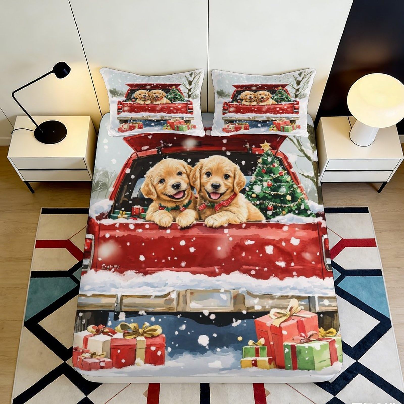 3D Printed Christmas Puppy Fitted Sheet Microfiber Soft Easy Care Festive Dog Bed Cover for Bedroom Guest Room Decor 90x200x25cm