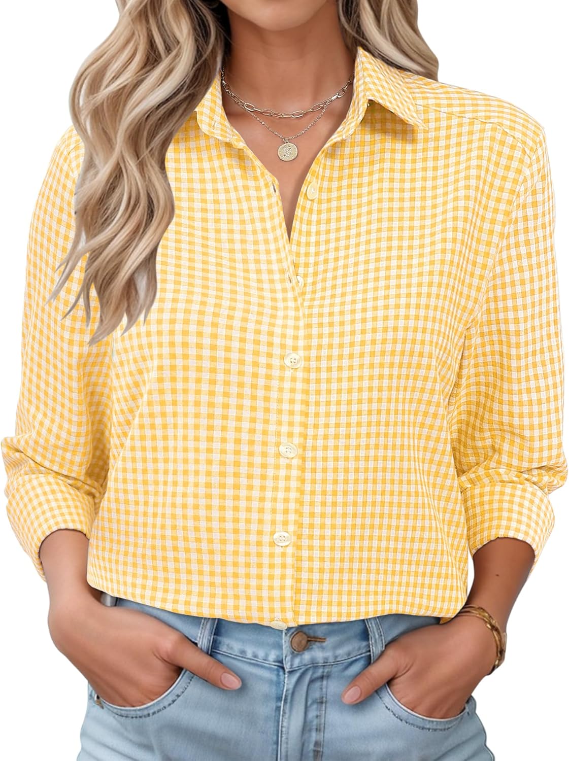 LOMON Womens Long Sleeve Button Down Shirts Casual Loose Fit Cotton Collared Blouses