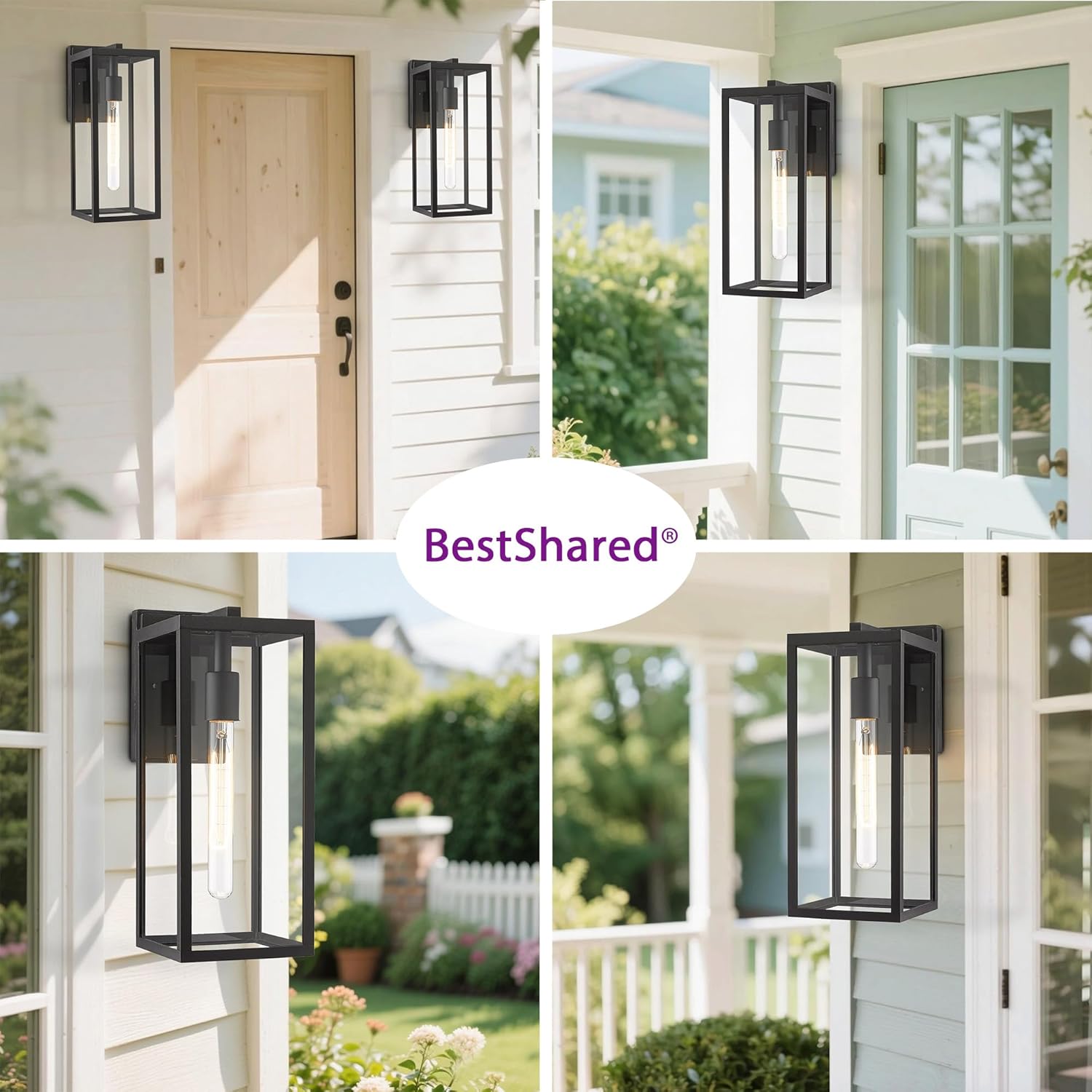 Bestshared Outdoor Wall Lantern, Anti-Rust Exterior Wall Sconce Light Fixtures, Front Door Mount Light, Outdoor Lighting Fixture, Black Wall Lamp with Clear Glass (Black, 2 Pack)