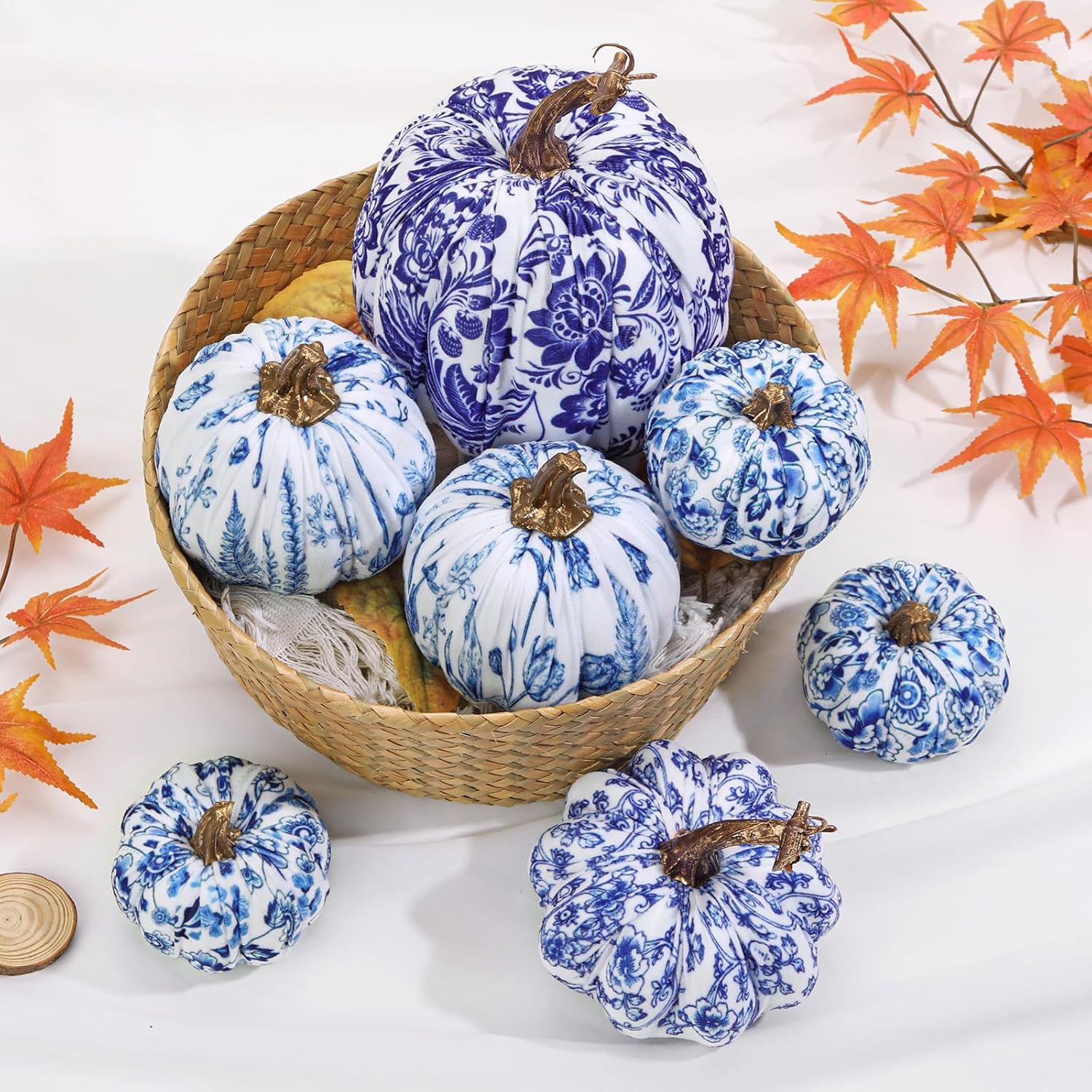 GnFlus Fake Pumpkin Decor 7 Pcs Faux Pumpkins Small Blue and White Fabric Pumpkins Mini Artificial Pumpkin Fall Decorations for Home Table Farmhouse Mantel Halloween Thanksgiving