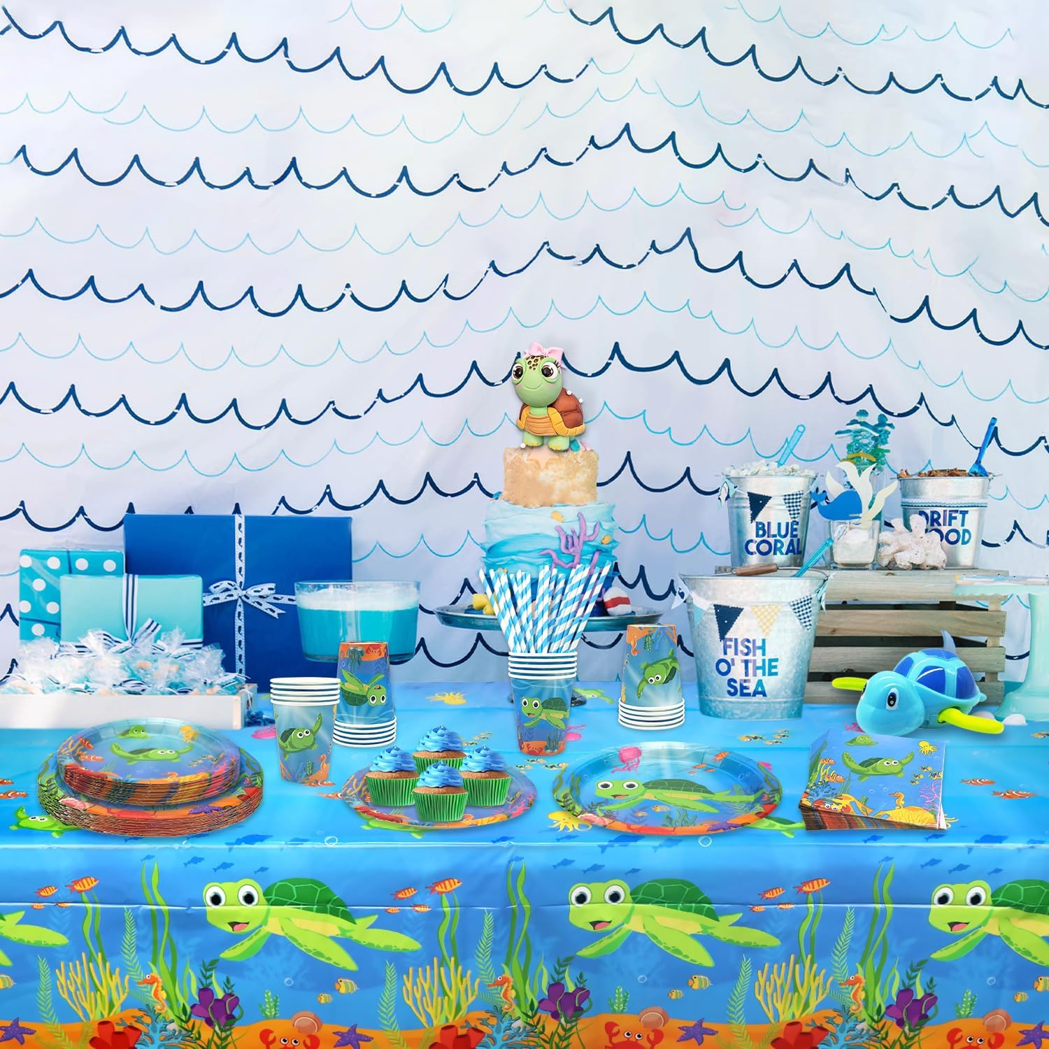 Turtle Party Decoration - Turtle Birthday Party Tableware Supplies Includes Plates, Cups, Napkins, Tablecloth, Straws - Serves 40 (40)