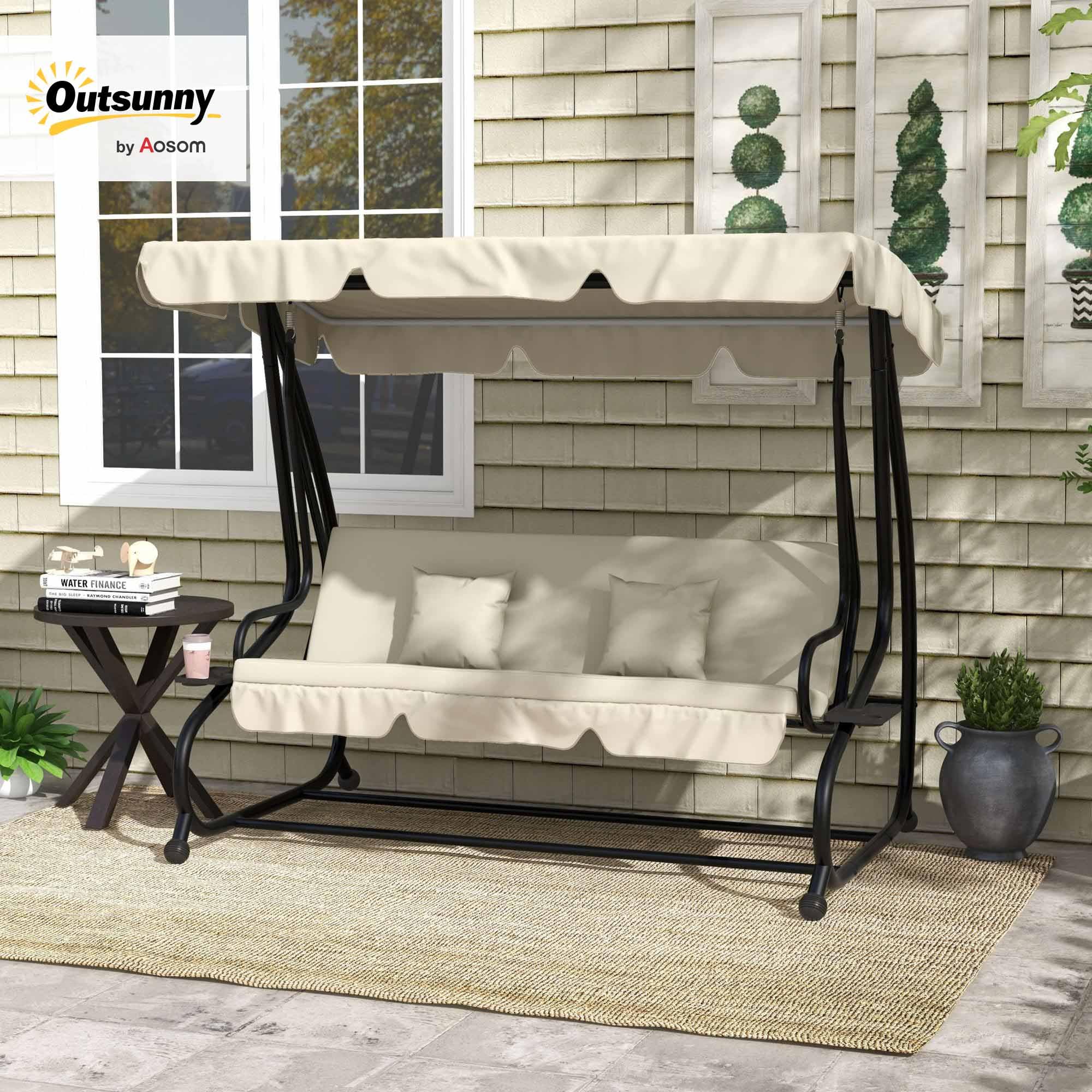 Outsunny Columpio Balancín Jardín 3 Plazas Convertible en Cama Techo Parasol Regulable Bandeja para Bebida Terrza Balcón Exterior Carga máx. 340kg Acero 200x120x164cm Beige