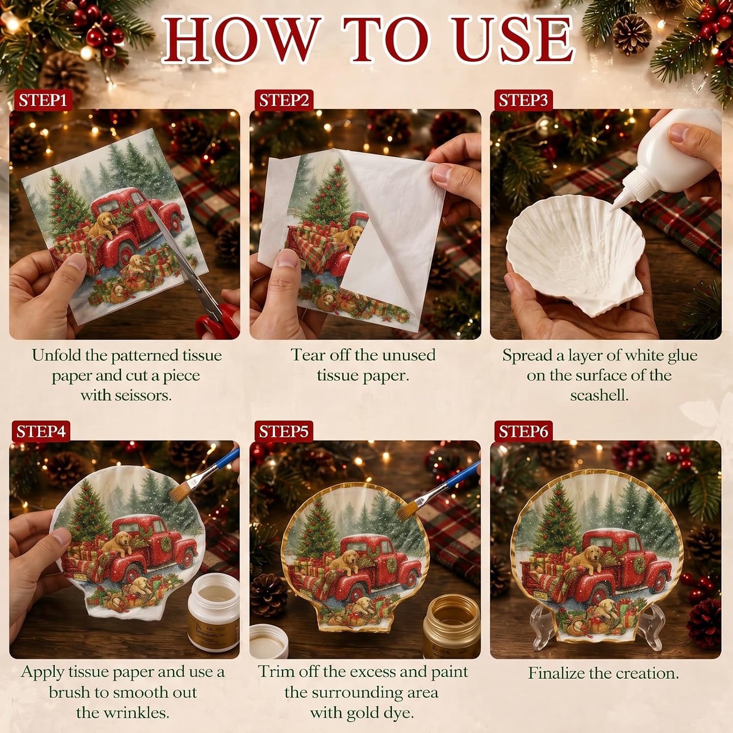 Fuutreo 15 Set Christmas Scallop Shells Decoupage Kit for DIY Arts Crafts
