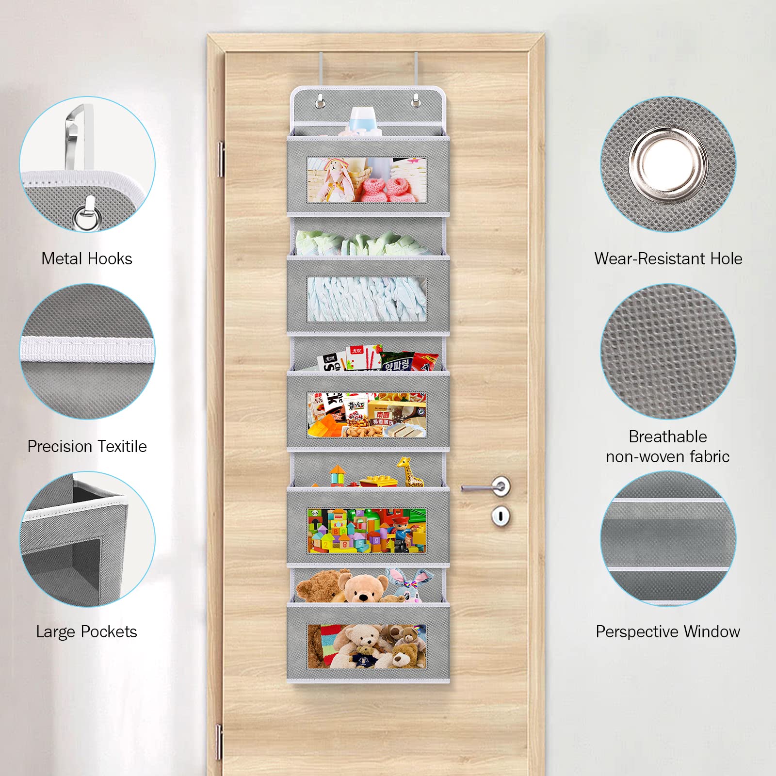 Organizer Da Porta Con 5 Tasche Trasparenti, Grigio, Con 2 Ganci Metallici, Salvaspazio Per Giocattoli, Pannolini, Dispensa, Accessori - 3