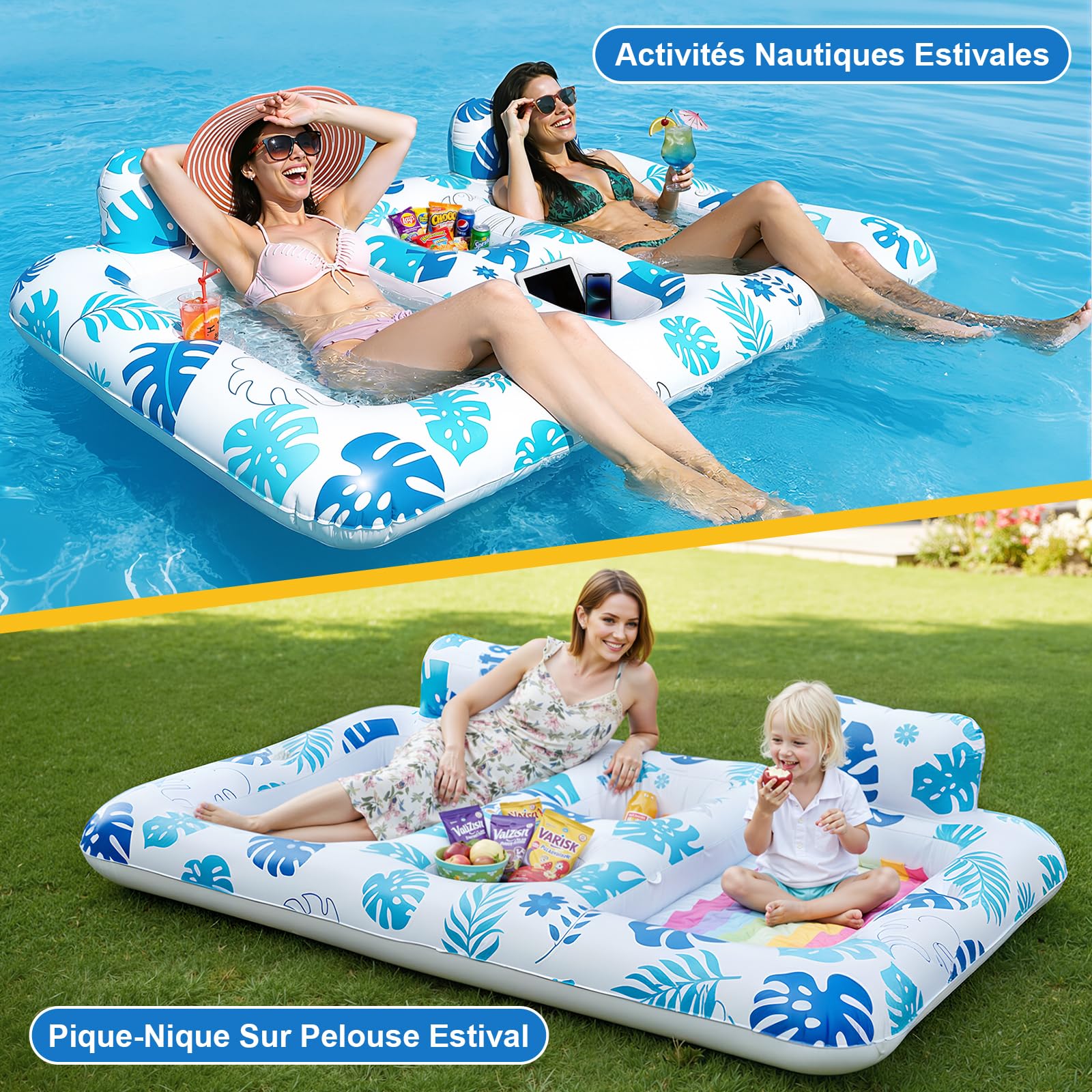 JONRRYIN Matelas Gonflable Piscine, Matelas Gonflable 2 Personnes Piscine, Tanning Pool 200×120CM avec Filet, Porte-Gobelet pour Adultes pour Fêtes de Plage et Piscine