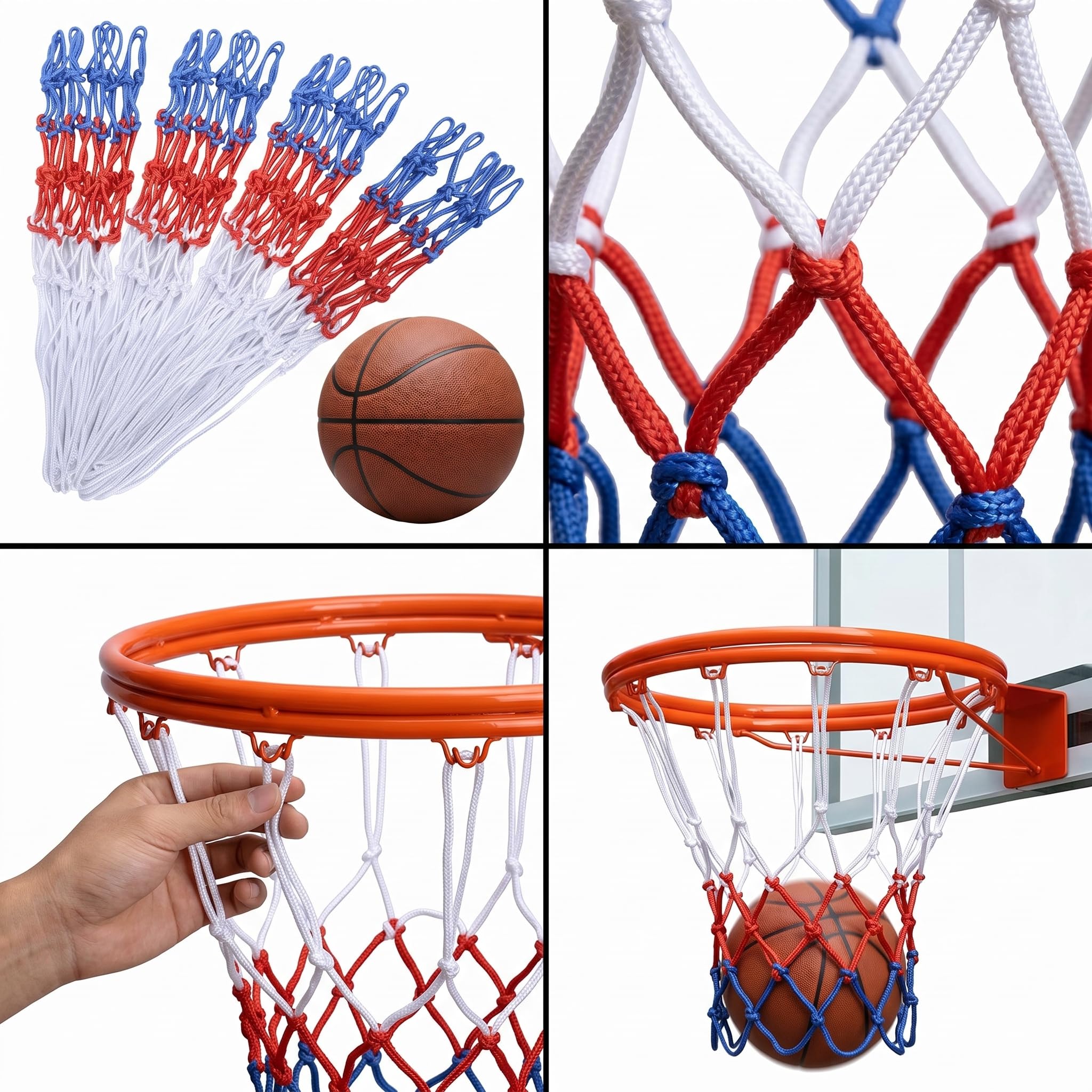Red de Baloncesto Tricolor Blanco Azul Rojo Pack 4 Redes Aro Estándar 12 Lazos Poliéster Resistente para Interior Exterior Canasta