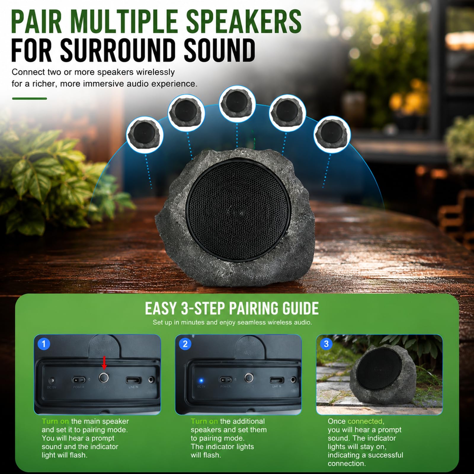 Altoparlanti esterni impermeabili Bluetooth ad energia solare, altoparlante Bluetooth ricaricabile tramite USB, design realistico in pietra, audio dai bassi profondi per giardino, patio, cortile