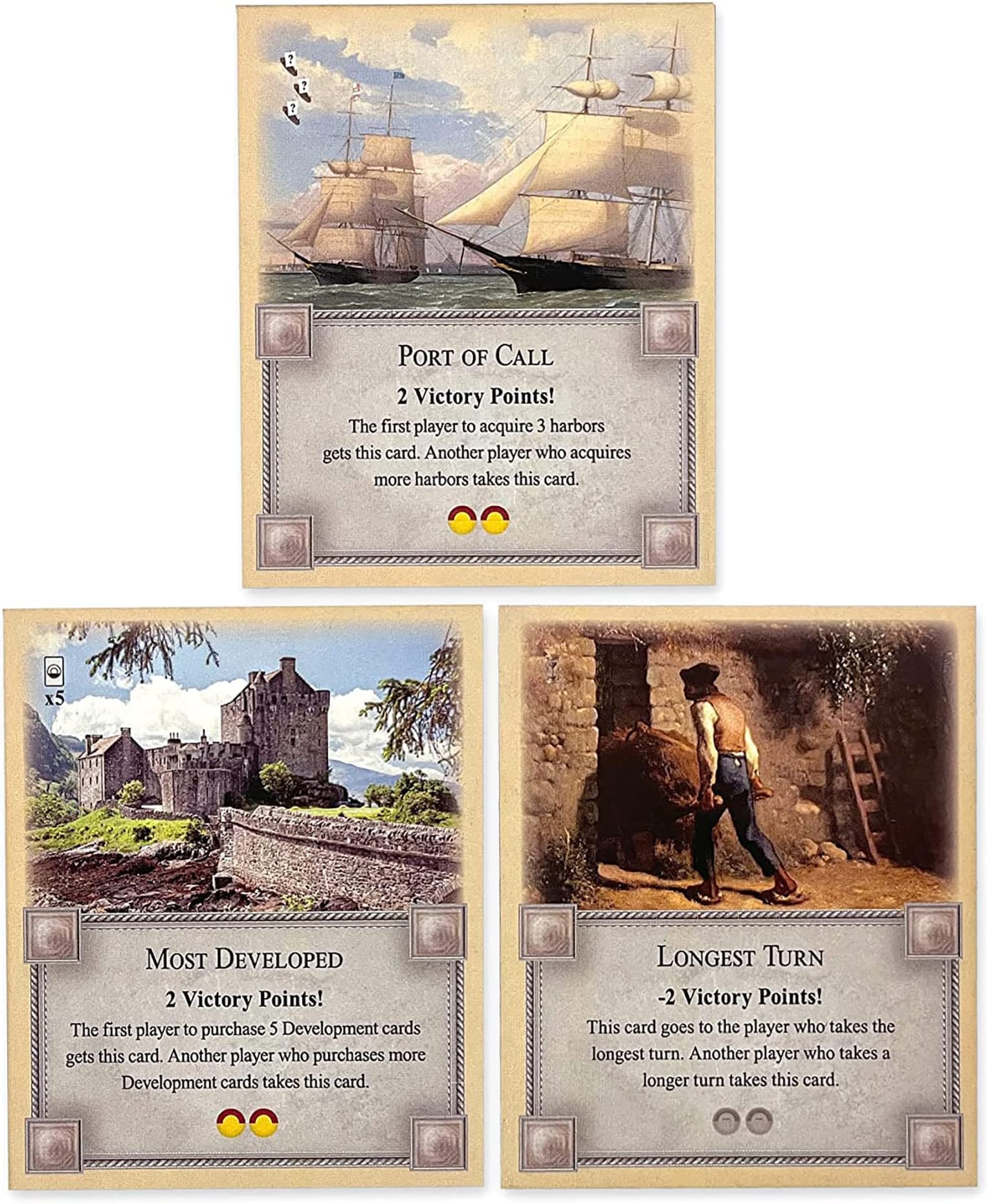 Longest Turn, Most Developed and Port of Call Cards compatible with Catan's Settlers of Catan 5th Edition, Seafarers, Cities and Knights and Catan Expansions