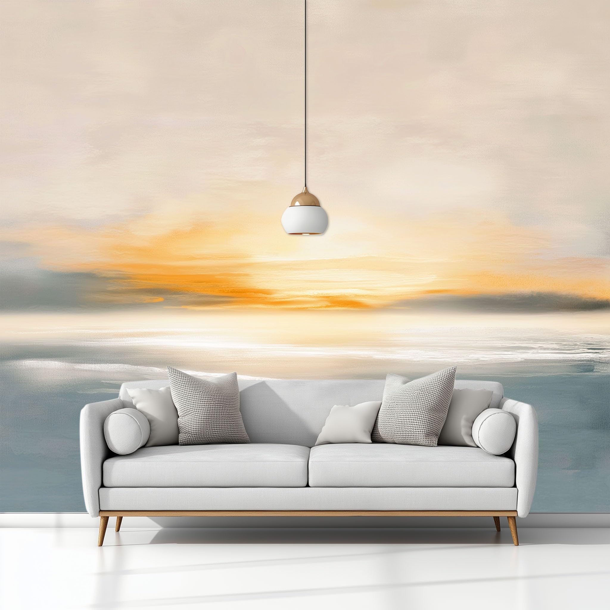 Panoramiczna tapeta 350 x 256 cm (szer. x wys.), włóknina ścienna abstrakcyjny minimalistyczny nadmorski wschód słońca - do salonu pokoju dziecięcego i beżowa dekoracja ścienna