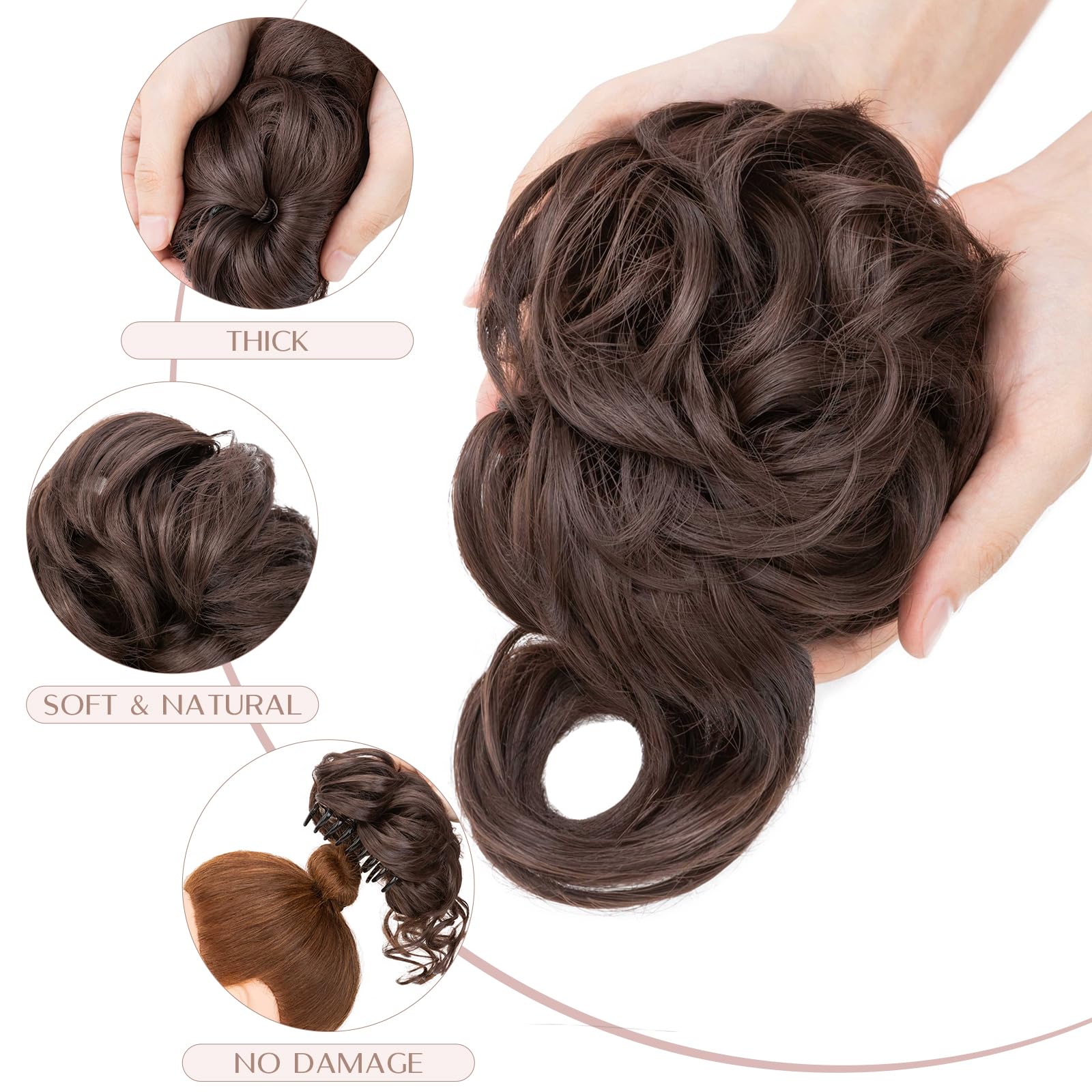 Claw Messy Bun Hairpieces Wavy Curly 75G Thick Hair Chignon Tousled Updo Doughnut Hair Bun Synthetic Ponytail, Light Brown - Image 2