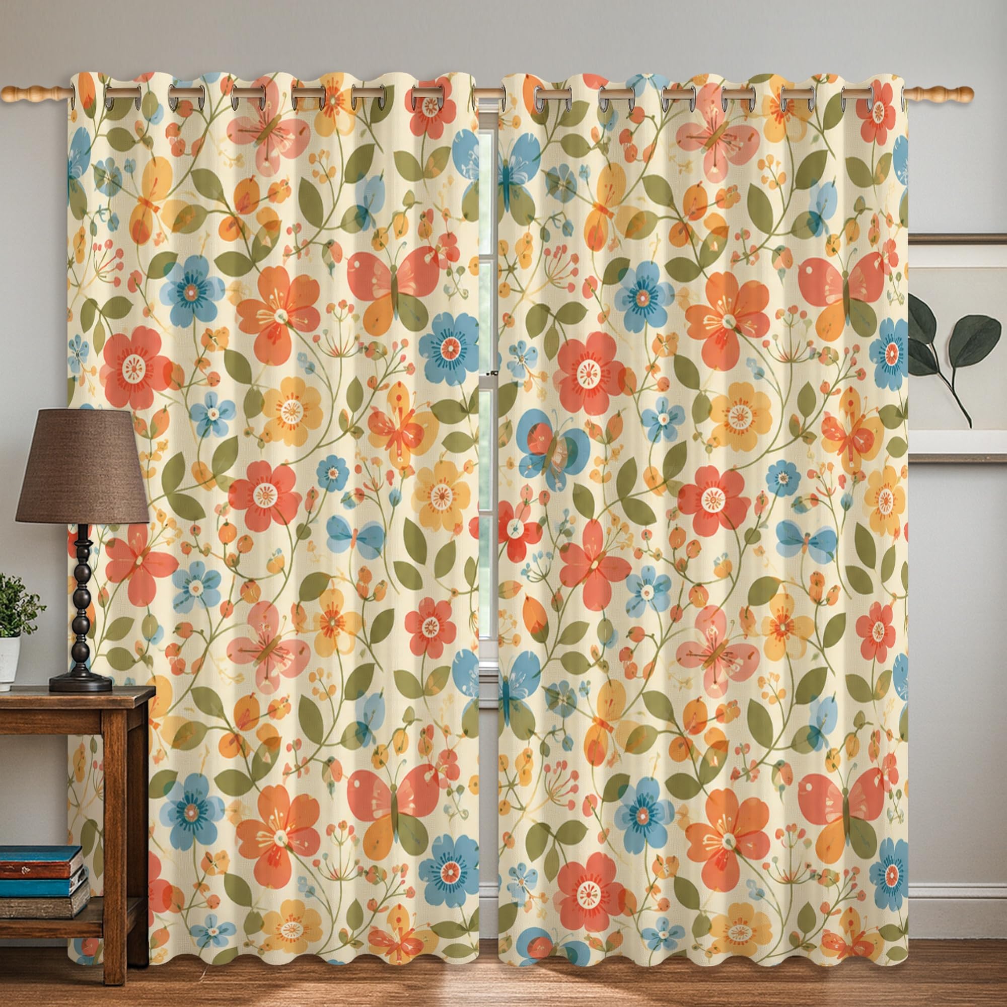 Rideaux occultants vintage rouge motif feuilles papillon et printemps lavables