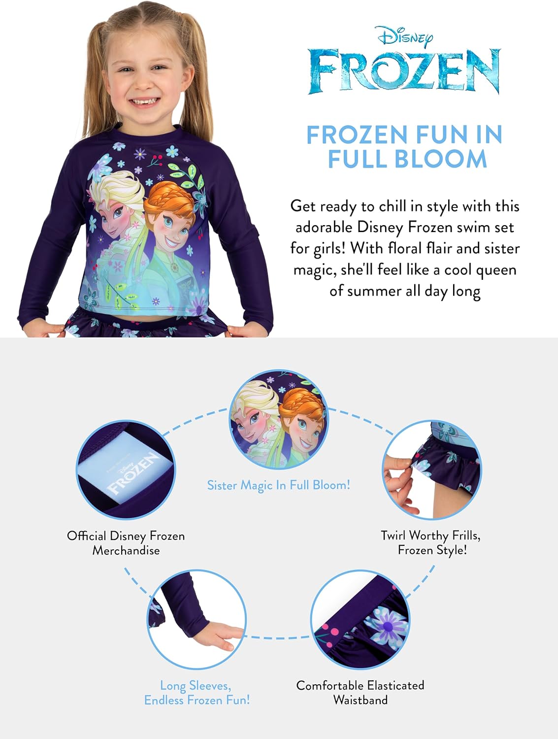 Disney Swimsuit, Long Sleeve Girls Bathing Suit, Elsa and Anna Girls Swimsuit, Kids Bathing Suit - Image 4