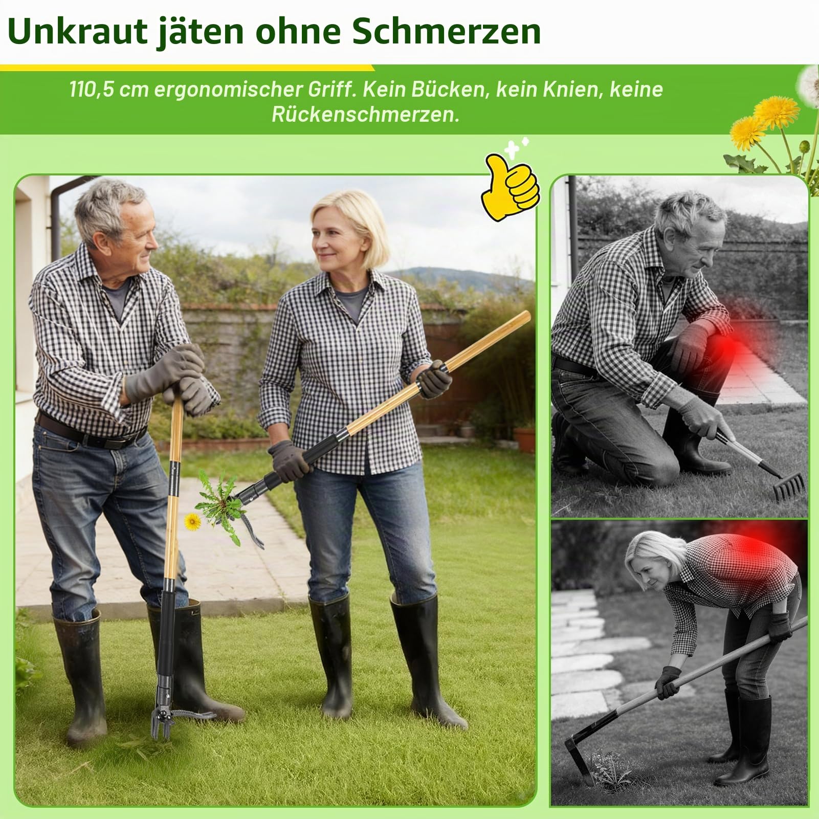 Unkrautstecher, Schweres Unkraut Entferner Gerät mit 4-Krallen-Stahlkopf & Dual-Auswurfmechanismus, 110,5 cm Bambus-Langstiel Löwenzahnstecher für Rasen und Hof, inklusive 16-Gallonen-Laubsack