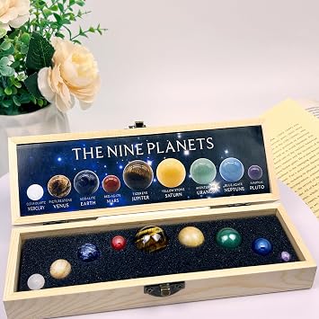 Handcrafted Solar System Model 9 Planets Natural Gemstones Sphere,Gemstone Planets with Wooden Box,Solar System Gems Decor Astronomy Gifts,Planet Gift for Astronomy Enthusiasts