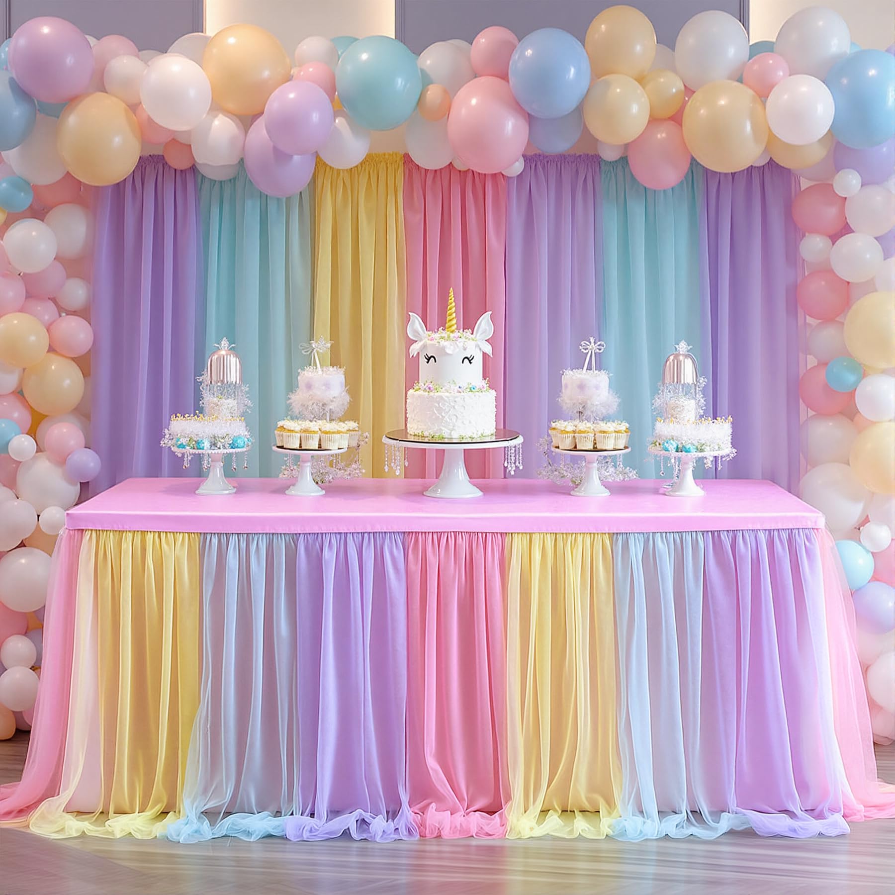 Photo 1 of 2-in-1 Rainbow Tablecloths with Tulle Table Skirt for 6 Foot Rectangle Tables, Party Ruffle Tutu Table Skirt Stretch Fitted Covers for Wedding Reception Birthday Baby Shower Celebration Banquet Event