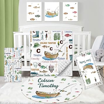Dyoart Custom Nursery Crib Bedding Set 5 Piece Go Fishing Baby Crib Sets for Girls Boy with Personalized Name - Toddler Double Layer Blanket Set,Comfortable Crib Bed Sheets for Baby Boys