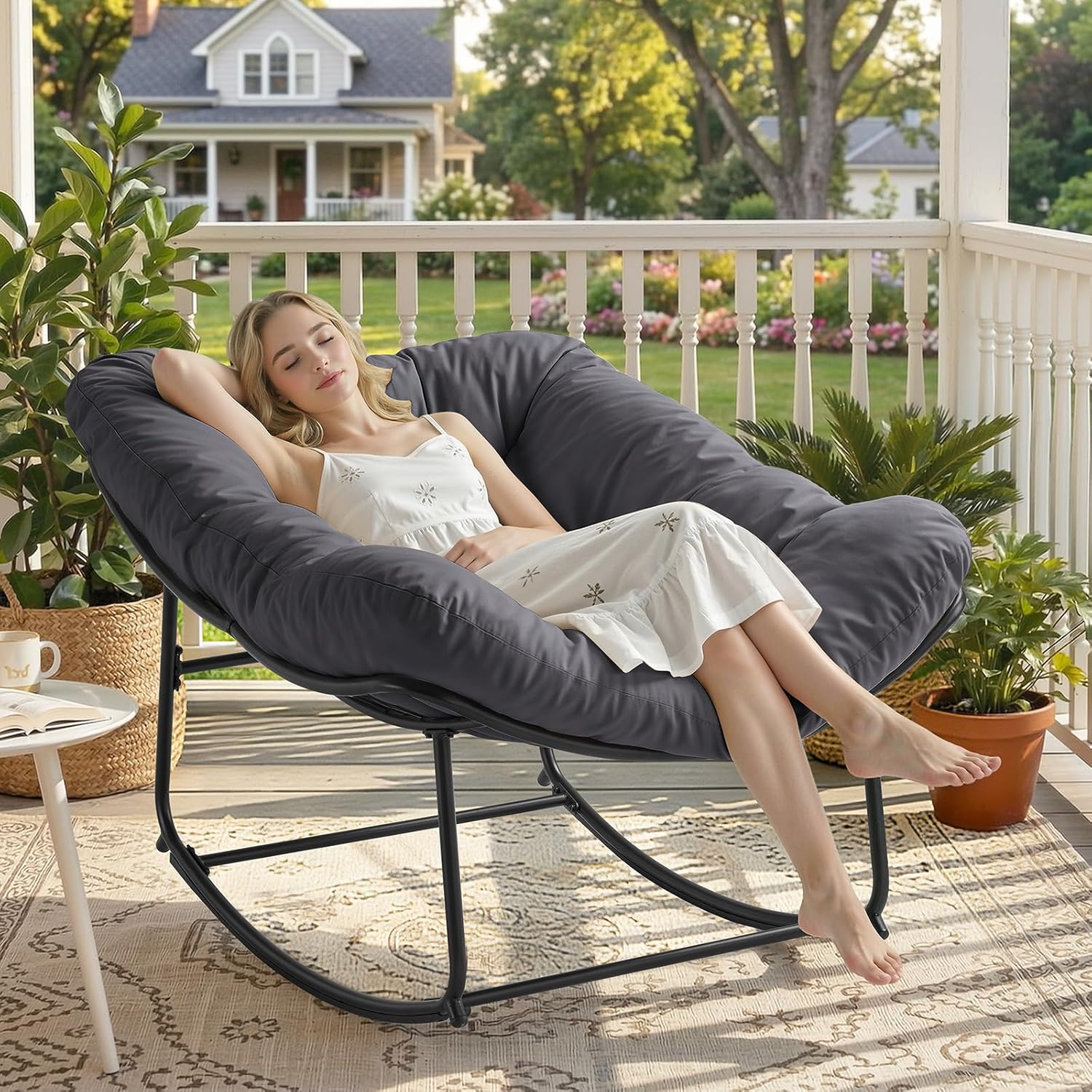 ONBRILL Papasan Rocking Chair with Cushion, Oversized Patio Lounge Rocker, Egg Chair Outdoor Indoor, for Living Room, Porch, Patio, Garden,Dark Gray