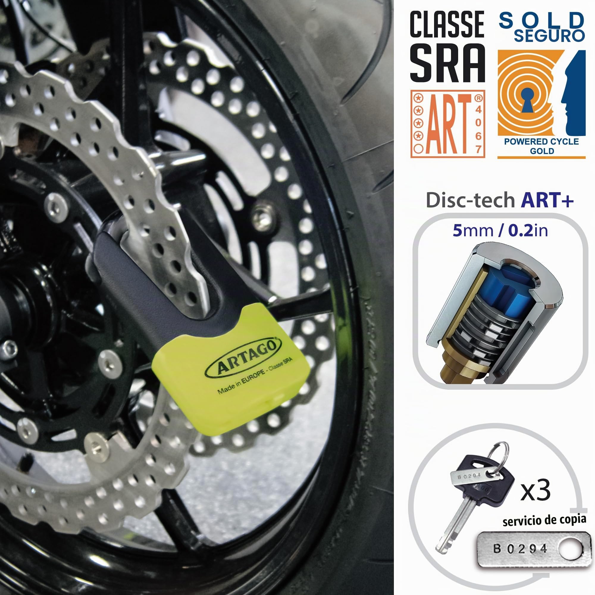 Artago 69X Candado Moto Disco Mini U Alta Gama Homologado SRA, Sold Secure, ART4, BUNKER SELECTION, Tapa Disuasoria, Cuerpo MONOBLOK Acero Forjado Máxima Resistencia Testado, Antirrobo Freno para Moto