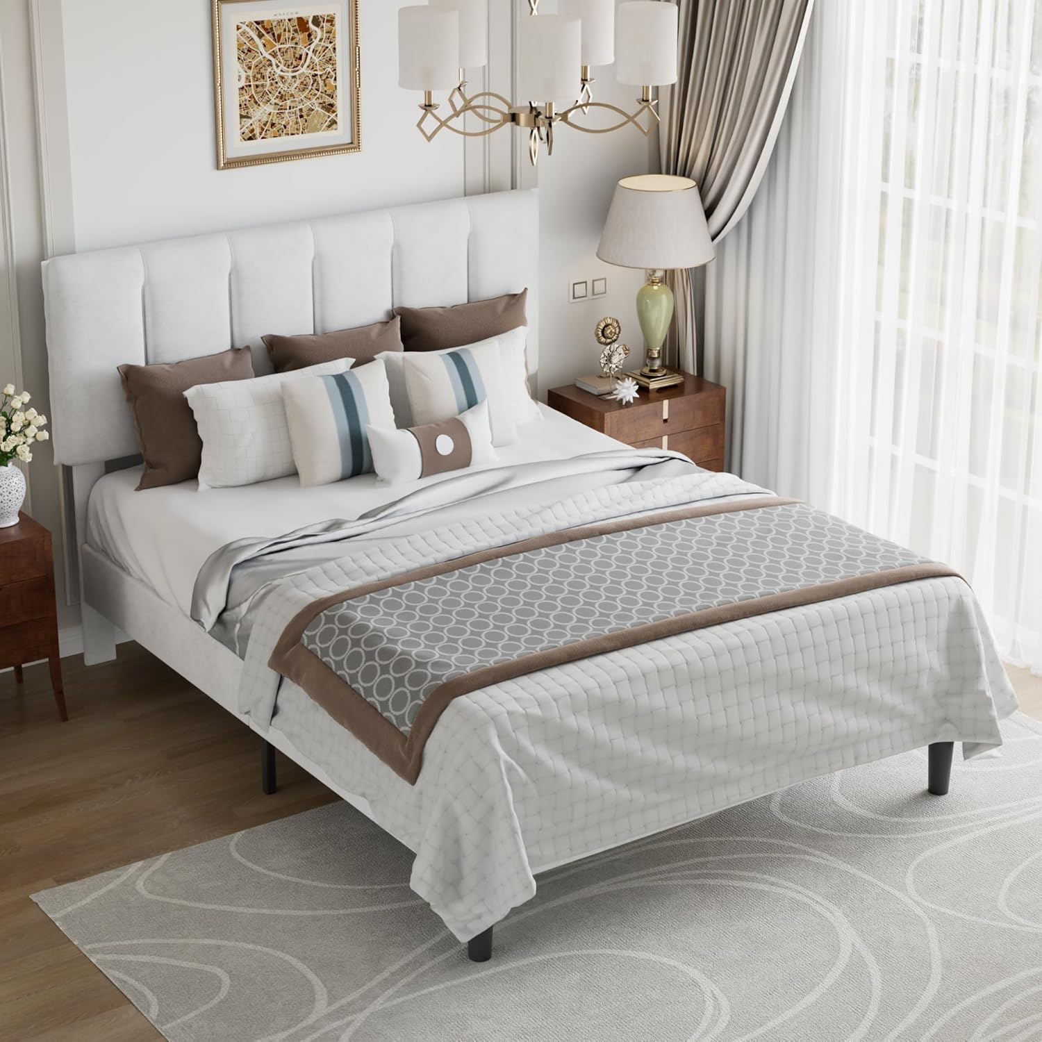 VECELO Queen Size Bed Frame with Upholstered Headboard, Heavy-Duty Bedframe with Wooden Slats & Steel Framework, Easy Assembly, Pure White
