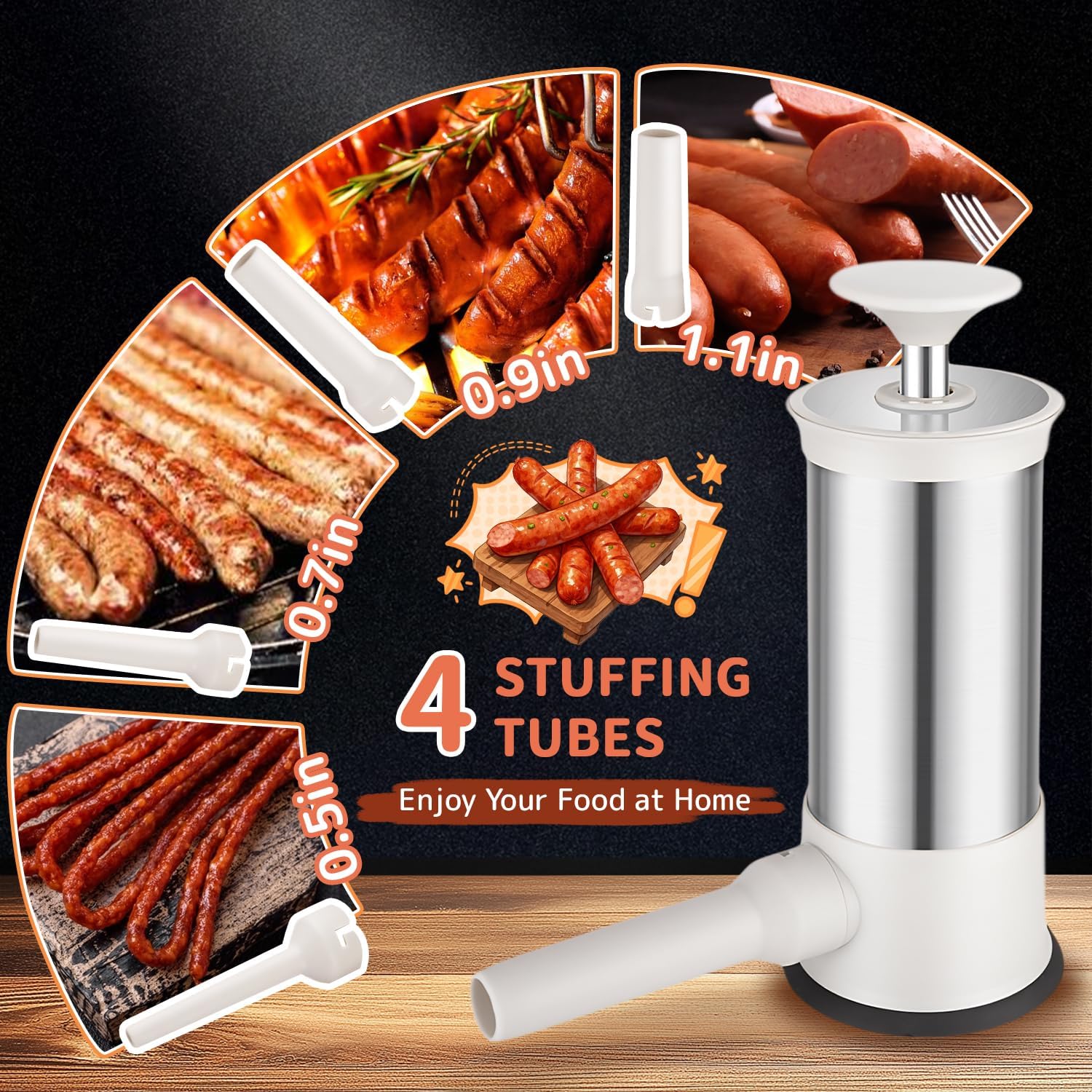 Sausage Stuffer Machine with 4 Stuffing Tubes Homemade Manual Sausage Maker Vertical Sausage Maker Tool Kit for Household Kitchen Camping Outdoor Grill BBQ (2.2LB)