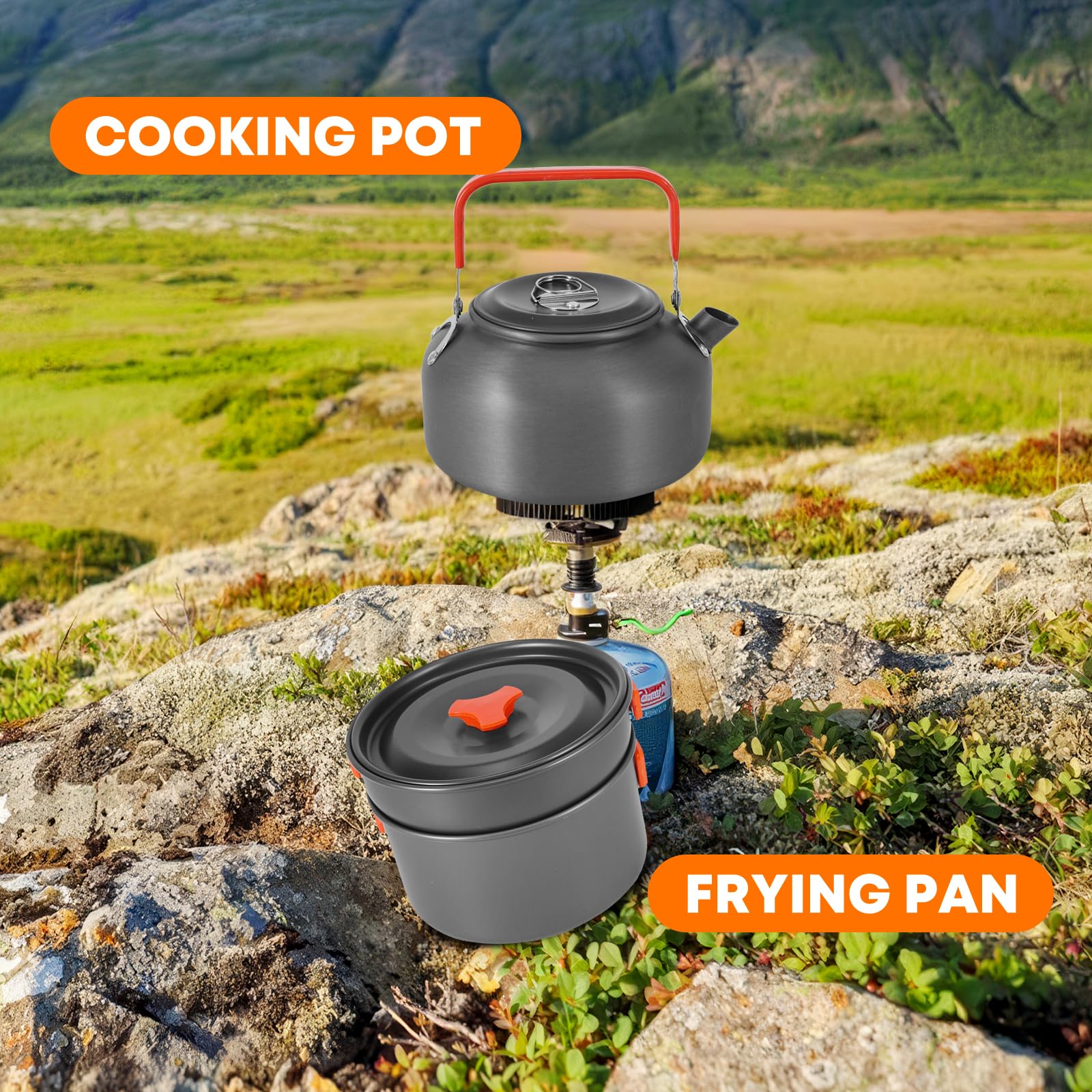 ALLOMN Set da cucina da campeggio, kit di pentole da campeggio portatile con teiera per escursioni, picnic, trekking, picnic, pesca, alpinismo, 1-2 persone